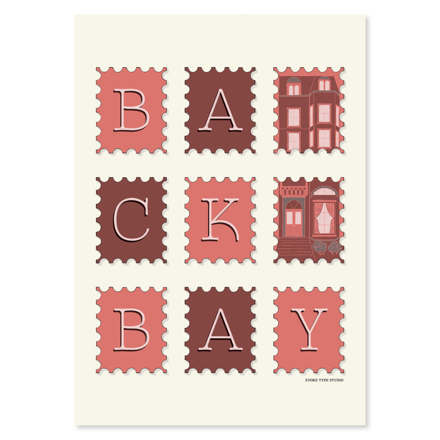A notecard of postage stamps featuring the Back Bay neighborhood in Boston, Massachusetts drawn in a unique lettering style, artwork has a pink, burgundy and gray color scheme
