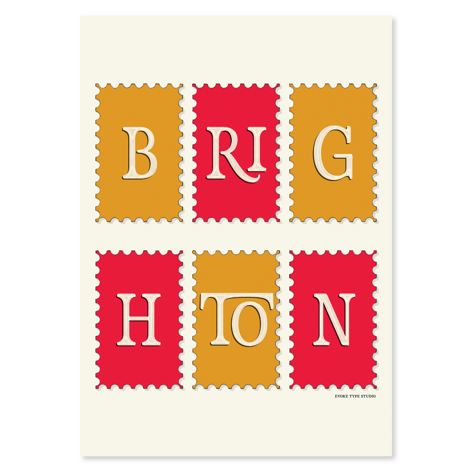 A notecard of postage stamps featuring the Brighton neighborhood drawn in a unique lettering style, artwork has a red and gold color scheme.