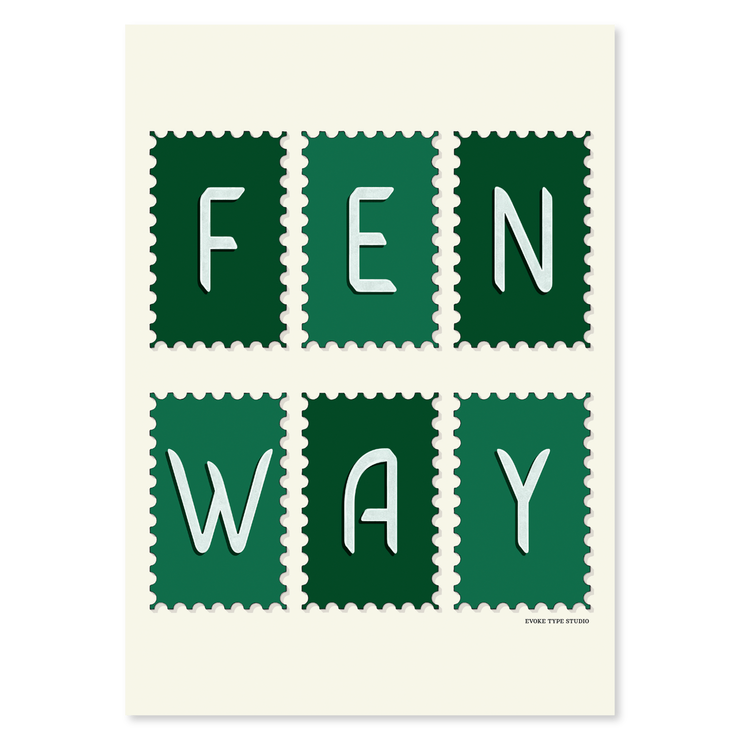 A notecard of postage stamps featuring the Fenway neighborhood in Boston, Massachusetts drawn in a unique lettering style, artwork has a green and white color scheme