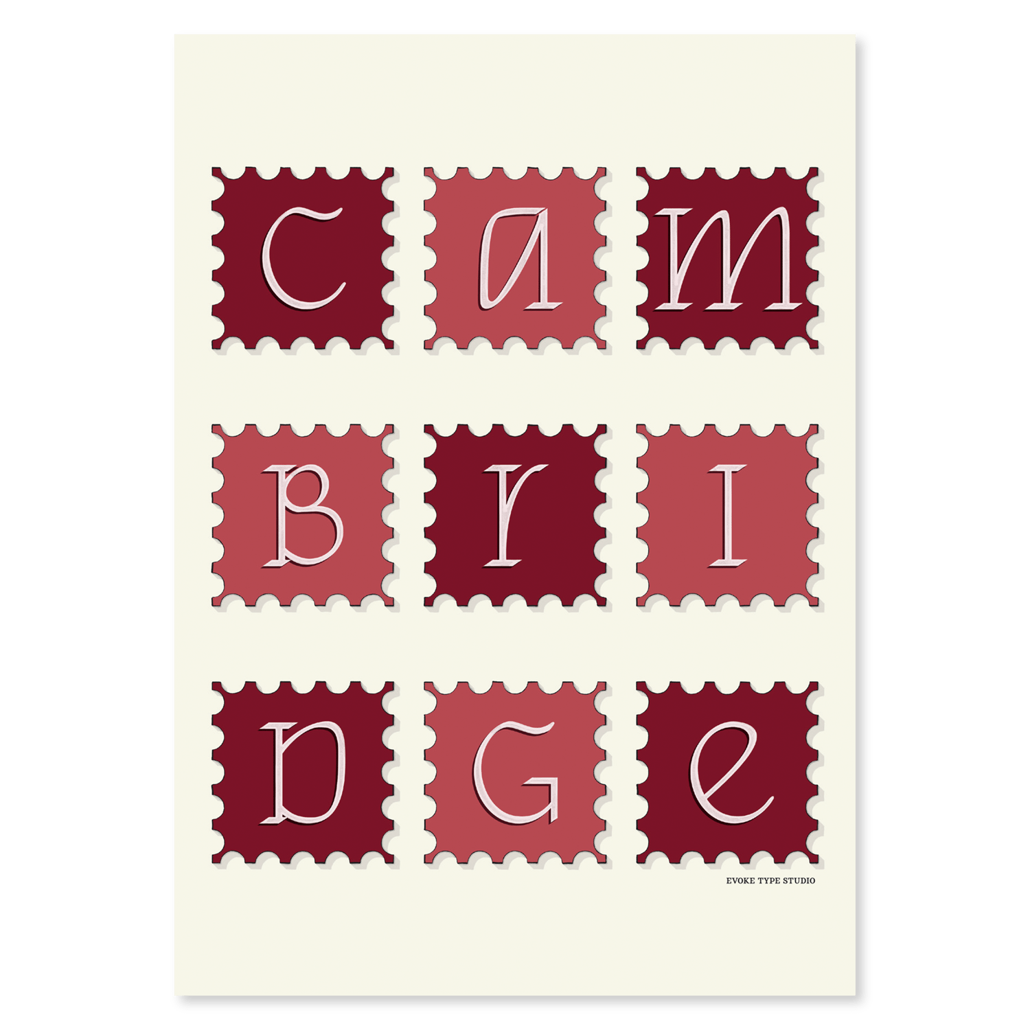 A notecard of postage stamps featuring Cambridge, Massachusetts drawn in a unique lettering style, artwork has a red and white color scheme