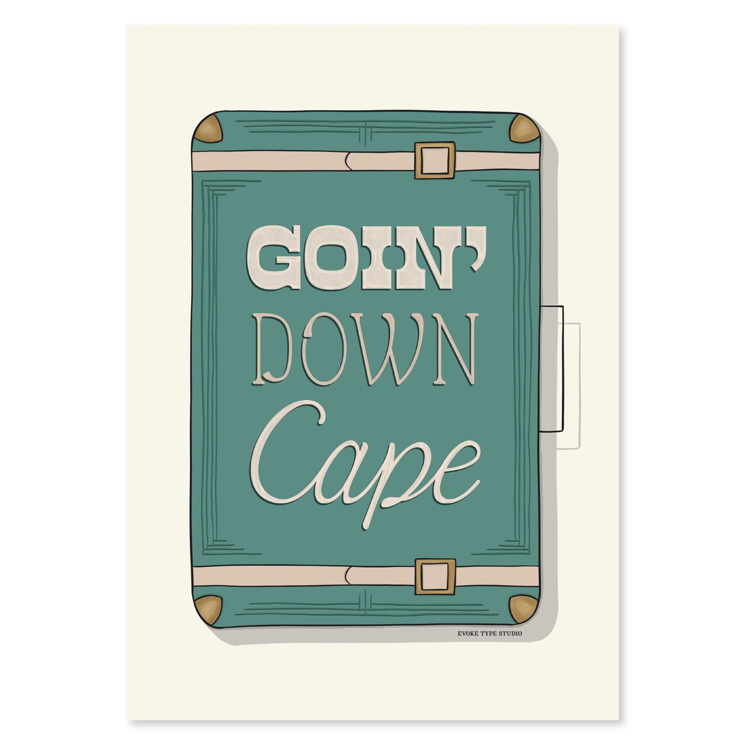A notecard of a vintage style suitcase with the words "Goin Down Cape" drawn on it in unique lettering styles, artwork has a blue, green and beige color scheme