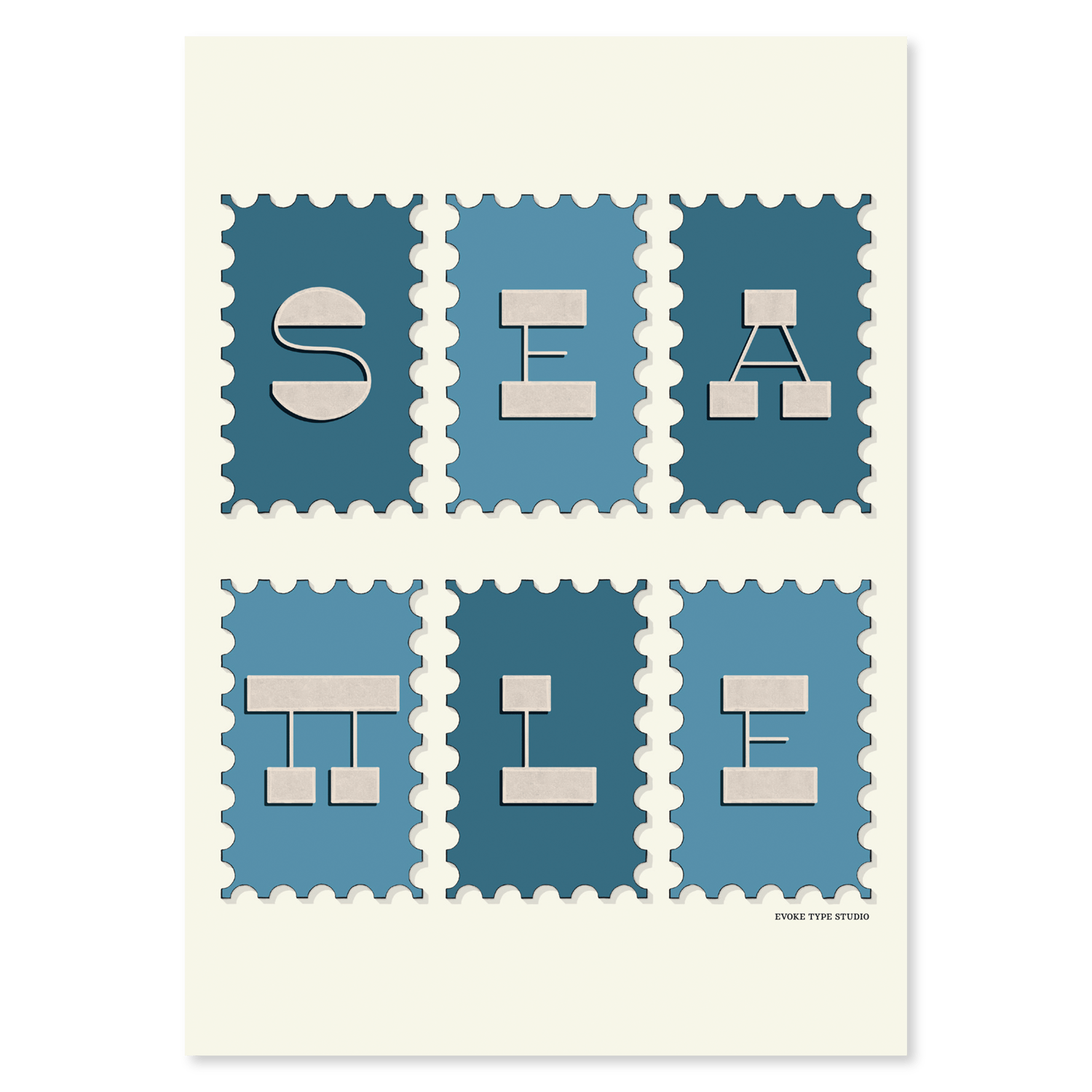 A notecard of postage stamps featuring Seattle, Washington drawn in a unique lettering style, artwork has a blue and beige color scheme