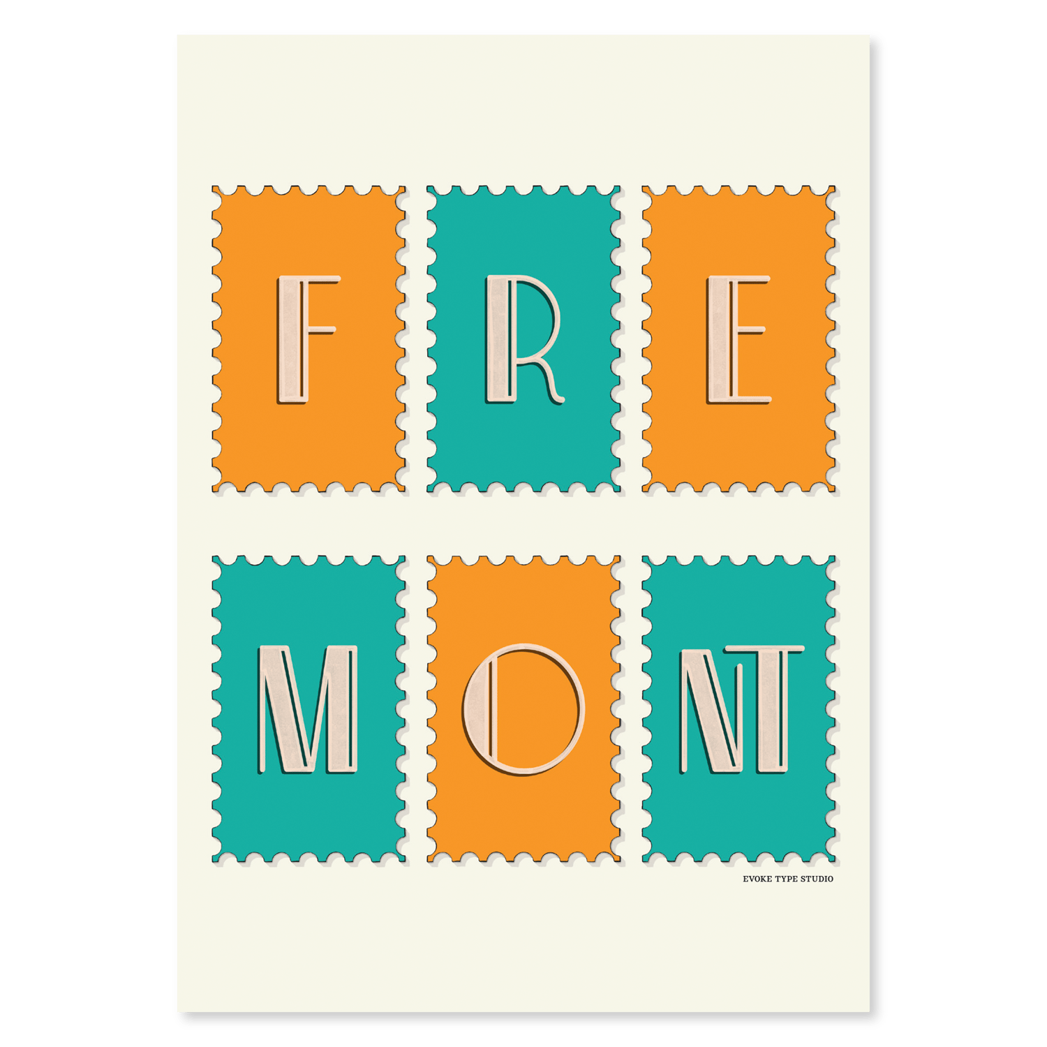 A notecard of postage stamps featuring the Fremont neighborhood in Seattle, Washington drawn in a unique lettering style, artwork has a blue and orange color scheme