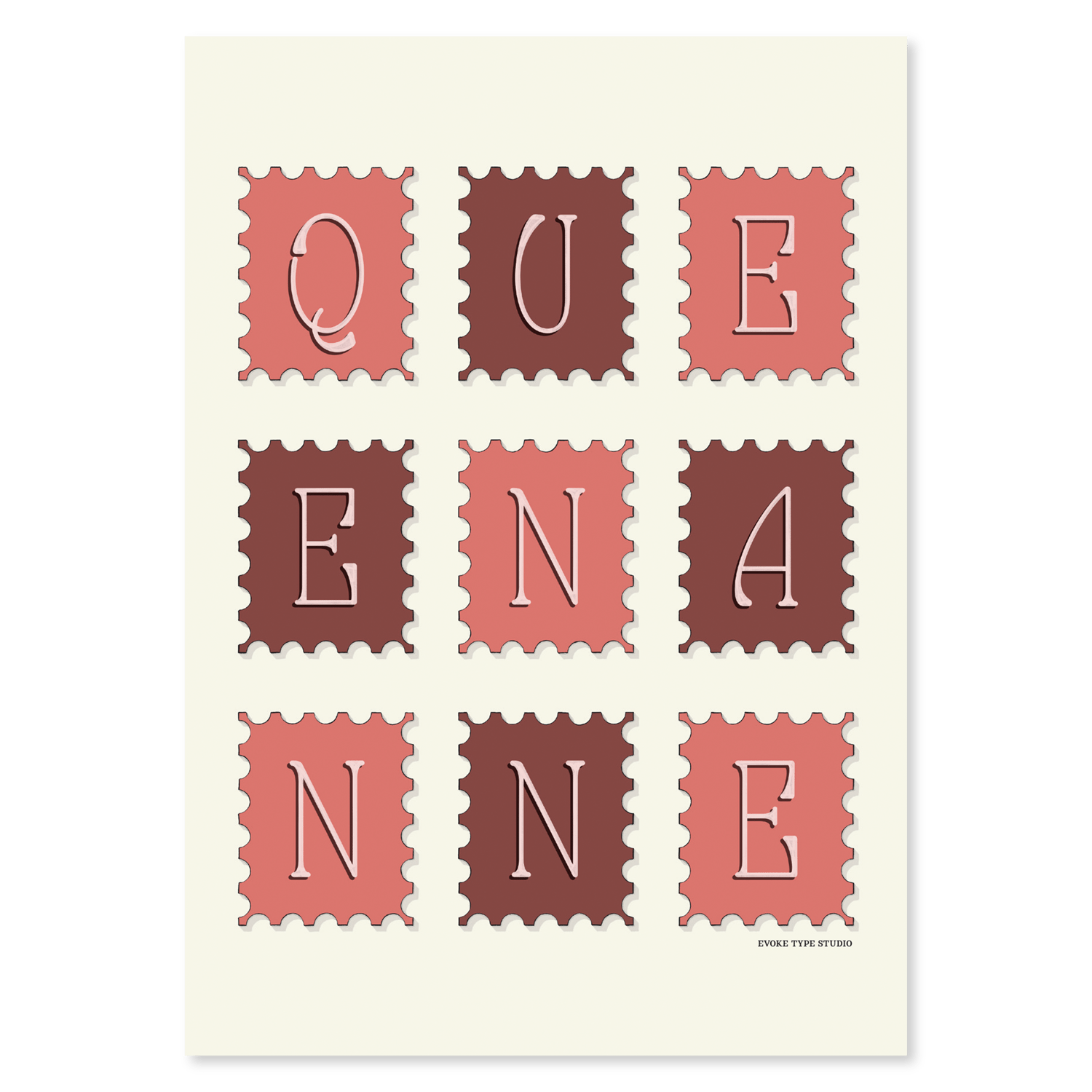 A notecard of postage stamps featuring the Queen Anne neighborhood in Seattle, Washington drawn in a unique lettering style, artwork has a pink and burgundy color scheme