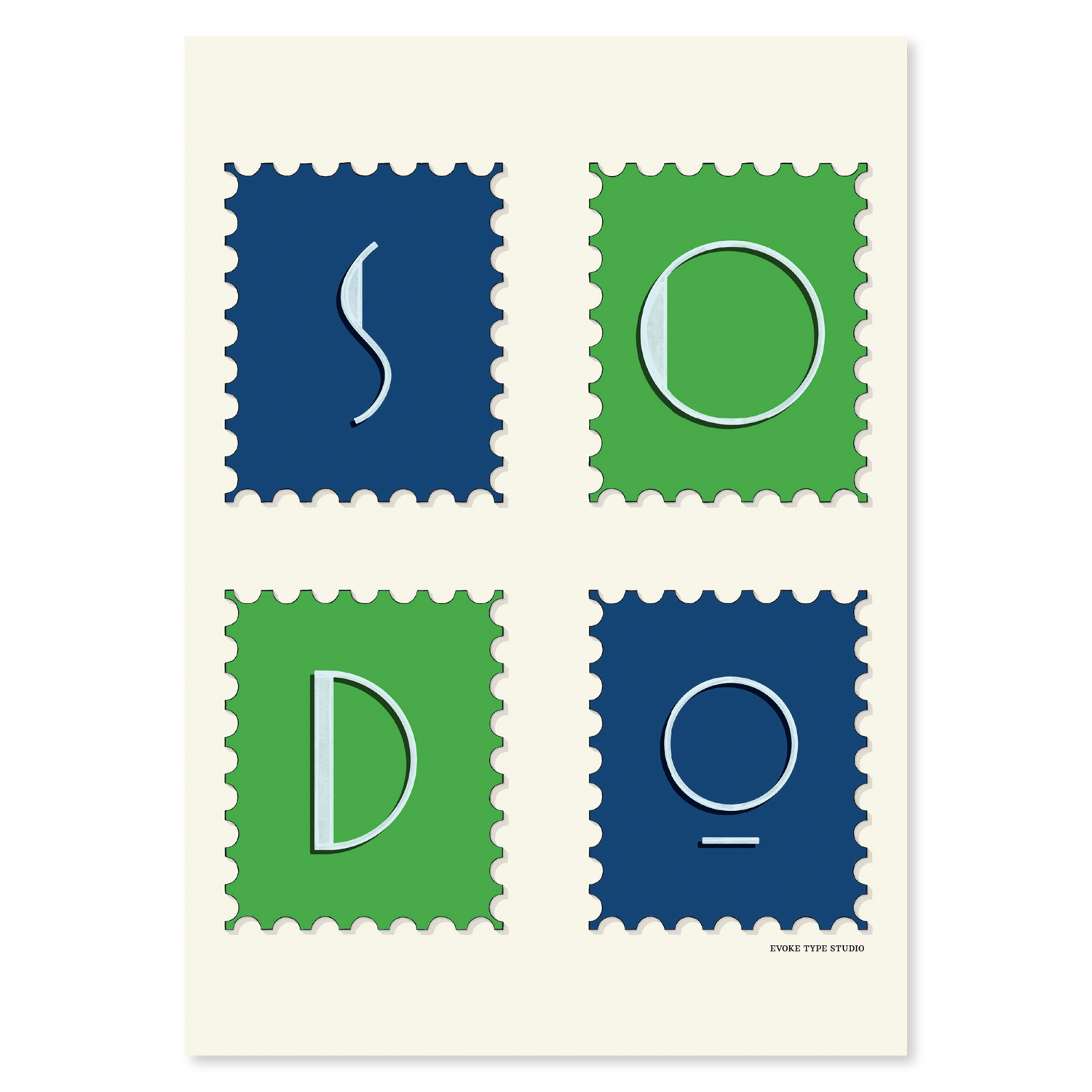 A notecard of postage stamps featuring the SoDo neighborhood in Seattle, Washington drawn in a unique lettering style, artwork has a bright green and blue color scheme