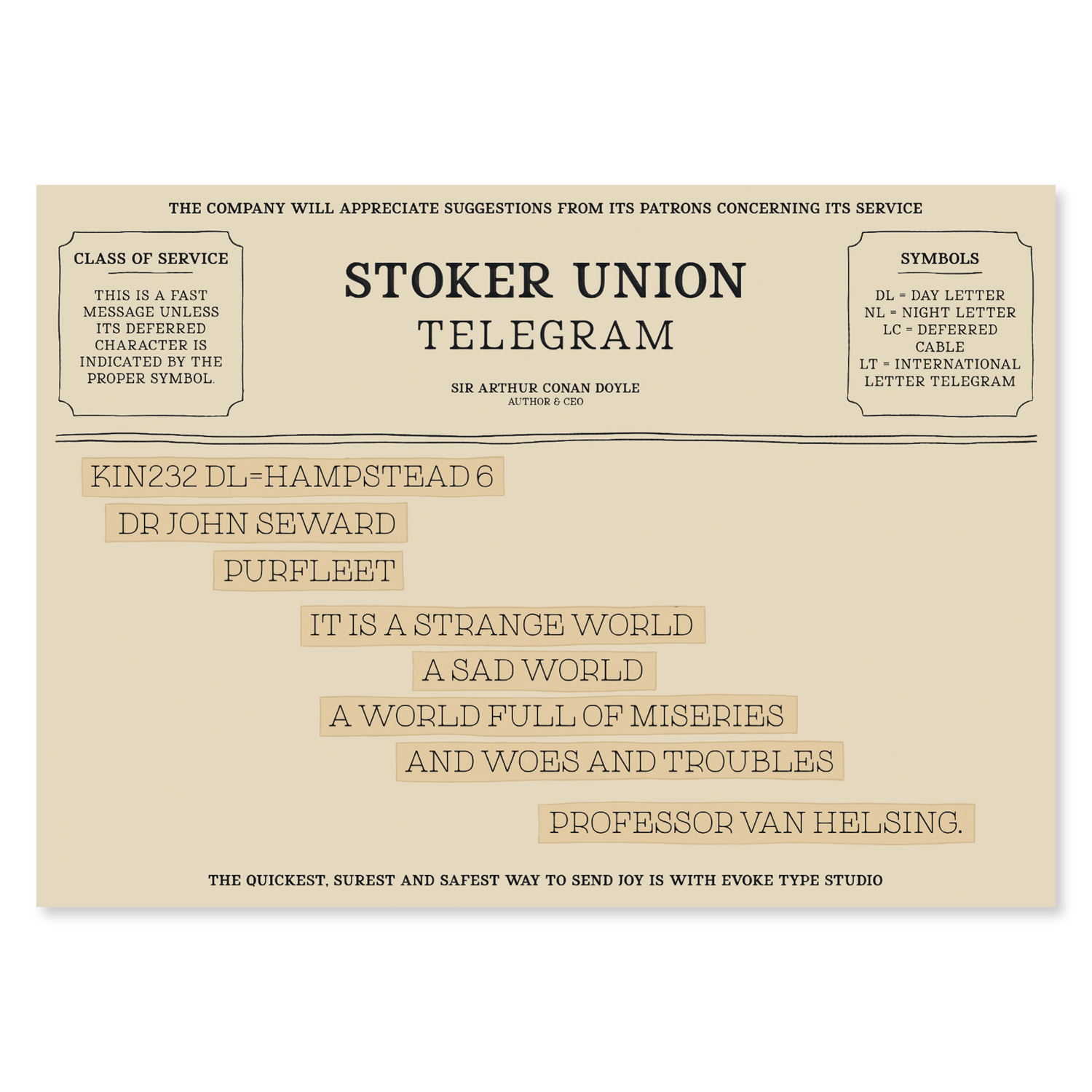 Van Helsing quote telegram notecard inspired by Dracula by Bram Stoker