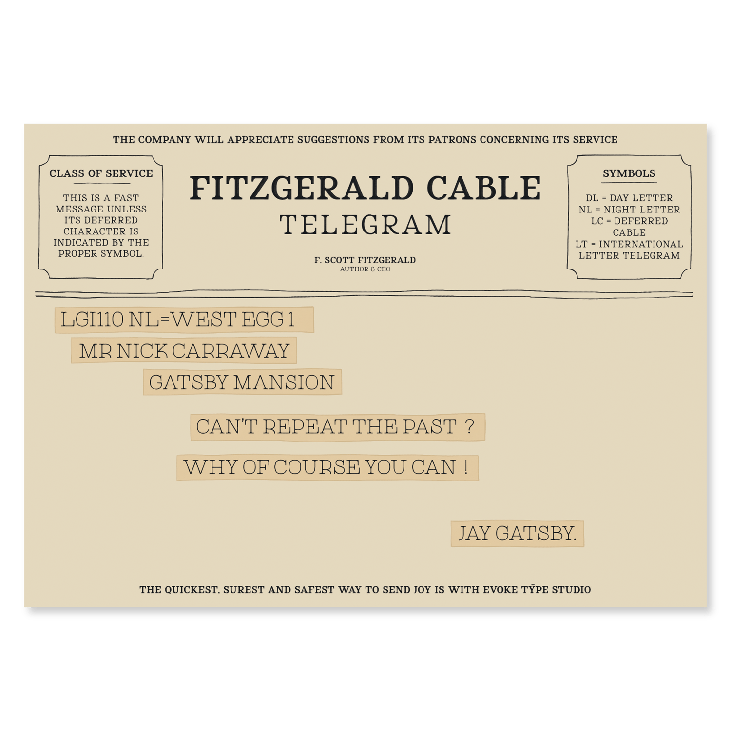Jay Gatsby quote telegram notecard inspired by The Great Gatsby by F. Scott Fitzgerald