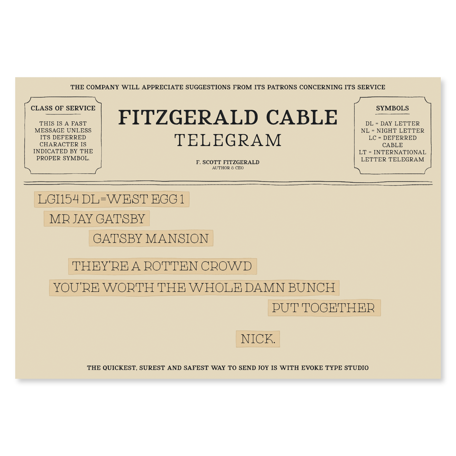Nick Carraway quote telegram notecard inspired by The Great Gatsby by F. Scott Fitzgerald