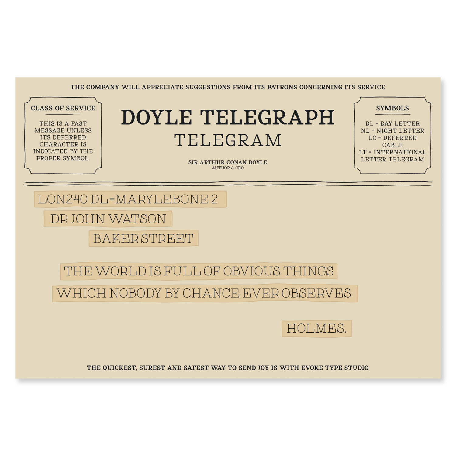 Sherlock Holmes quote telegram notecard inspired by The Hound of the Baskervilles by Sir Arthur Conan Doyle