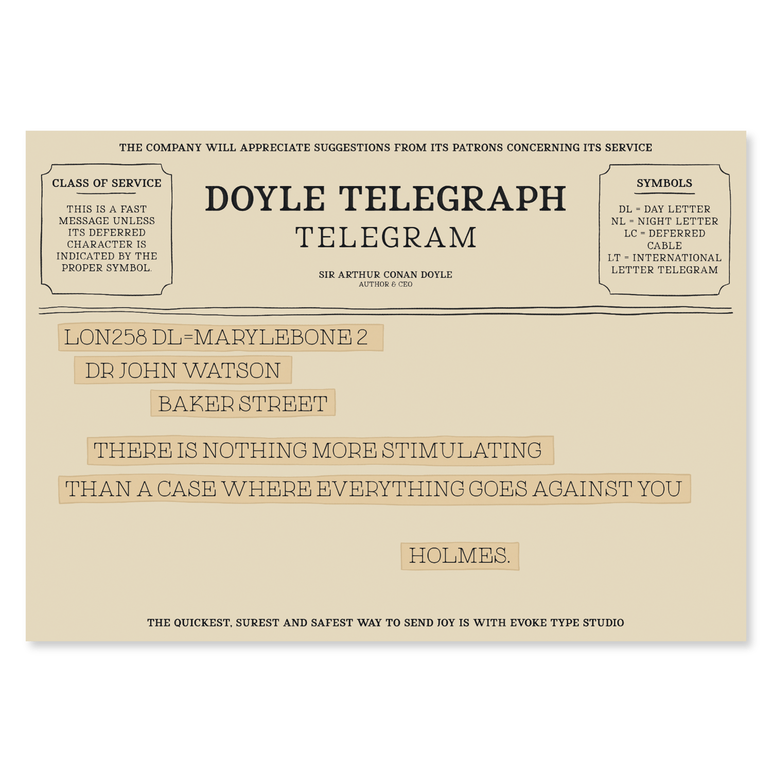 Sherlock Holmes quote telegram notecard inspired by The Hound of the Baskervilles by Sir Arthur Conan Doyle