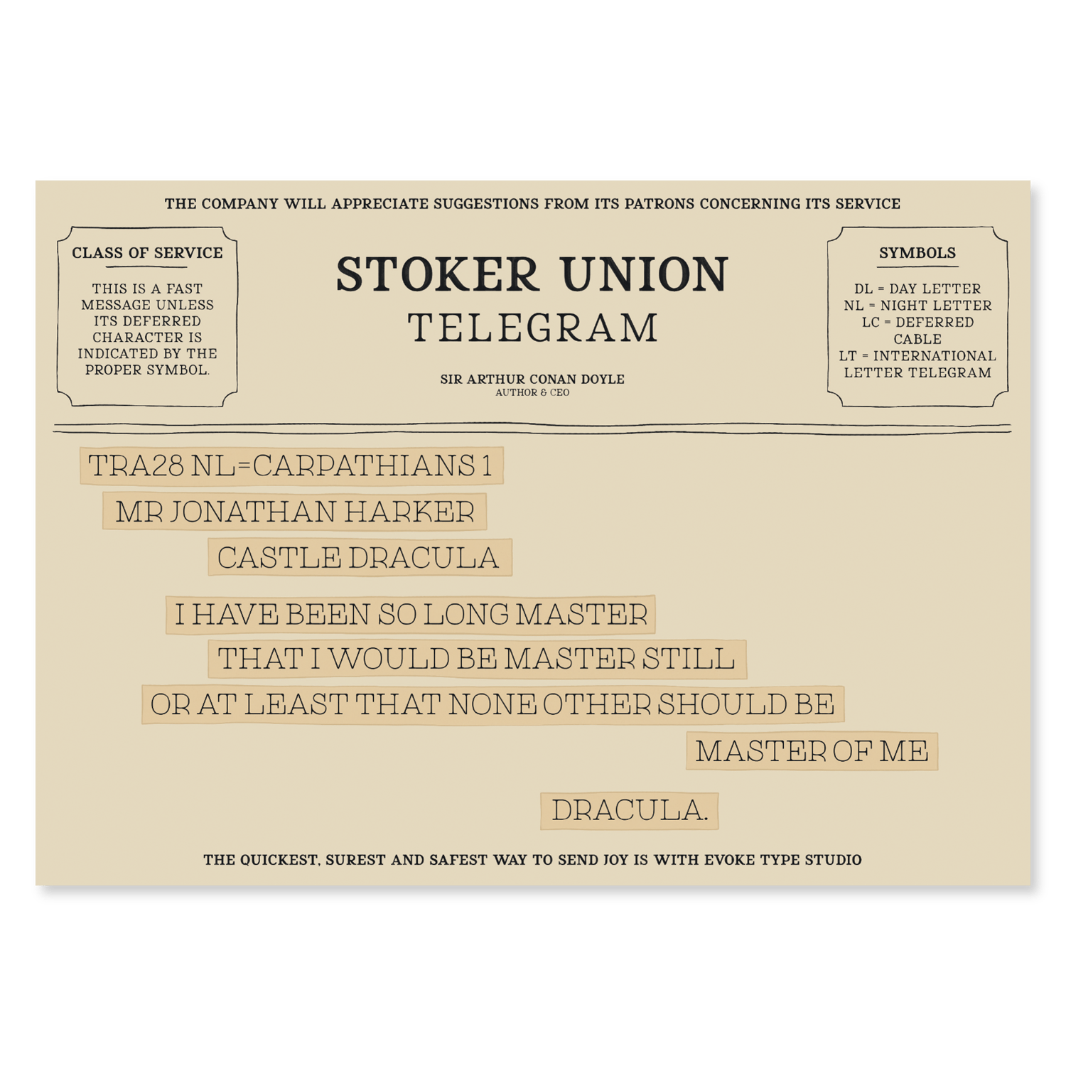 Telegram notecard inspired by Dracula by Bram Stoker