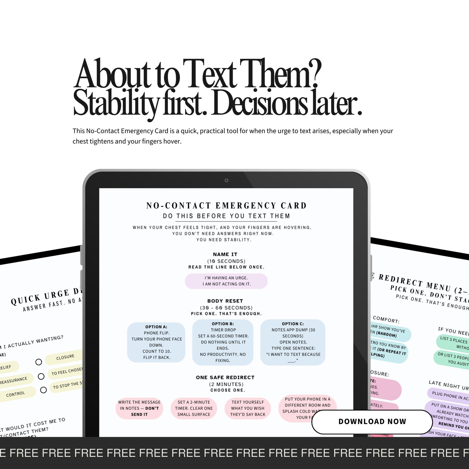 Tablet displaying no-contact emergency card tool designed to help women pause before texting during breakup urges.