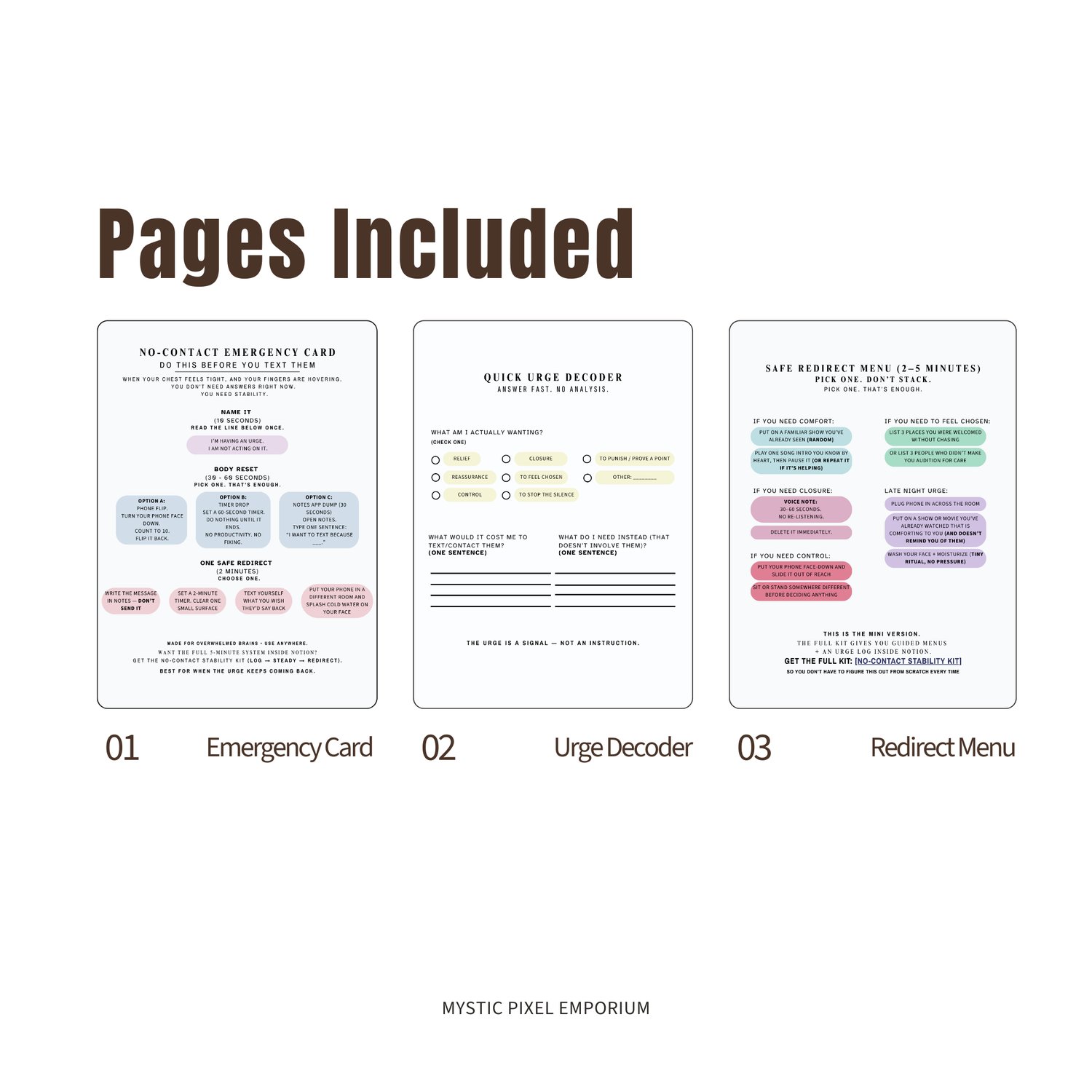 Preview of no-contact emergency card pages including emergency card, urge decoder, and safe redirect menu for women.