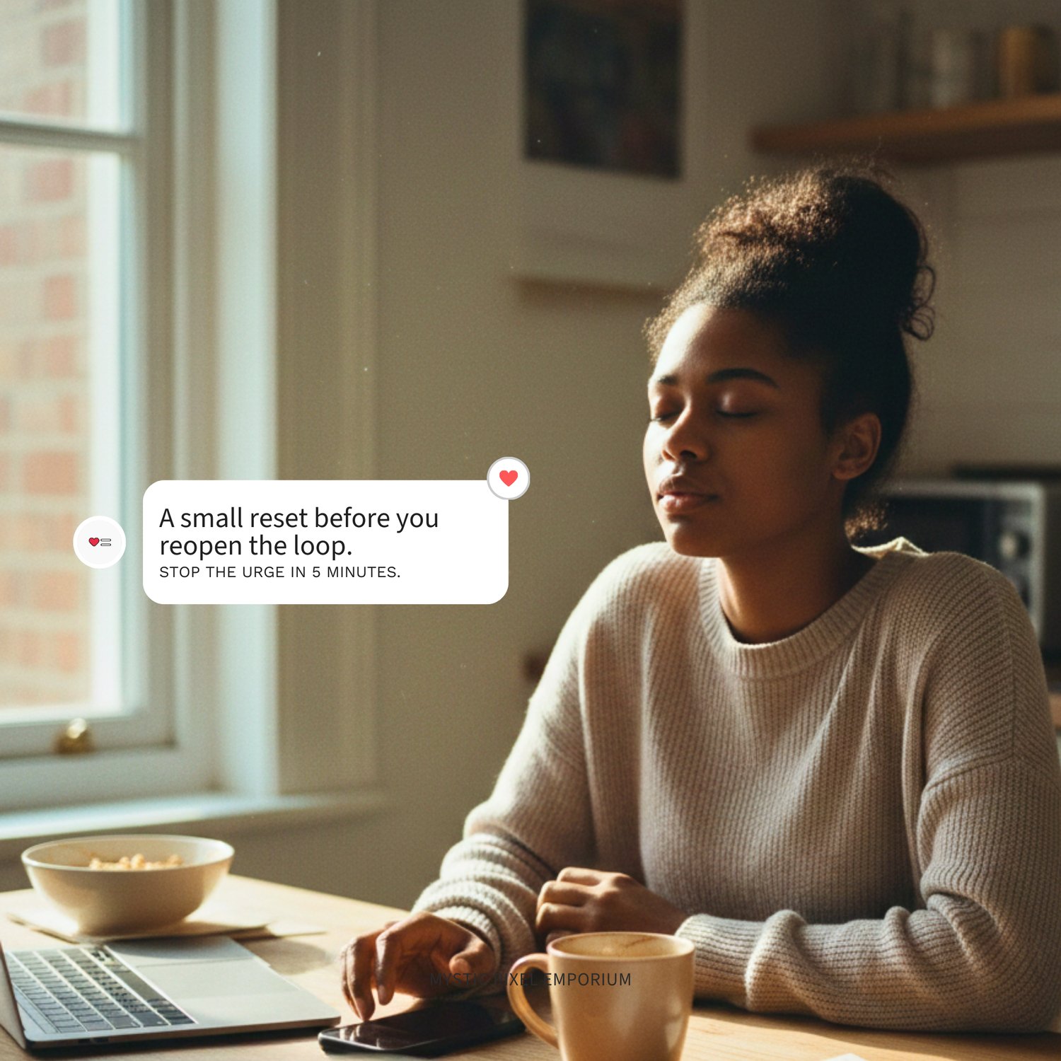 Woman sitting at table with phone practicing self-regulation during a breakup no-contact urge using a calming reset tool.