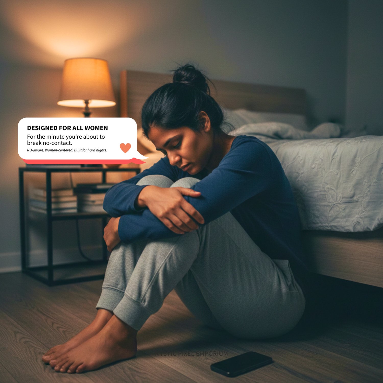 Woman sitting on bedroom floor at night with phone nearby, feeling overwhelmed during a no-contact texting urge after a breakup.