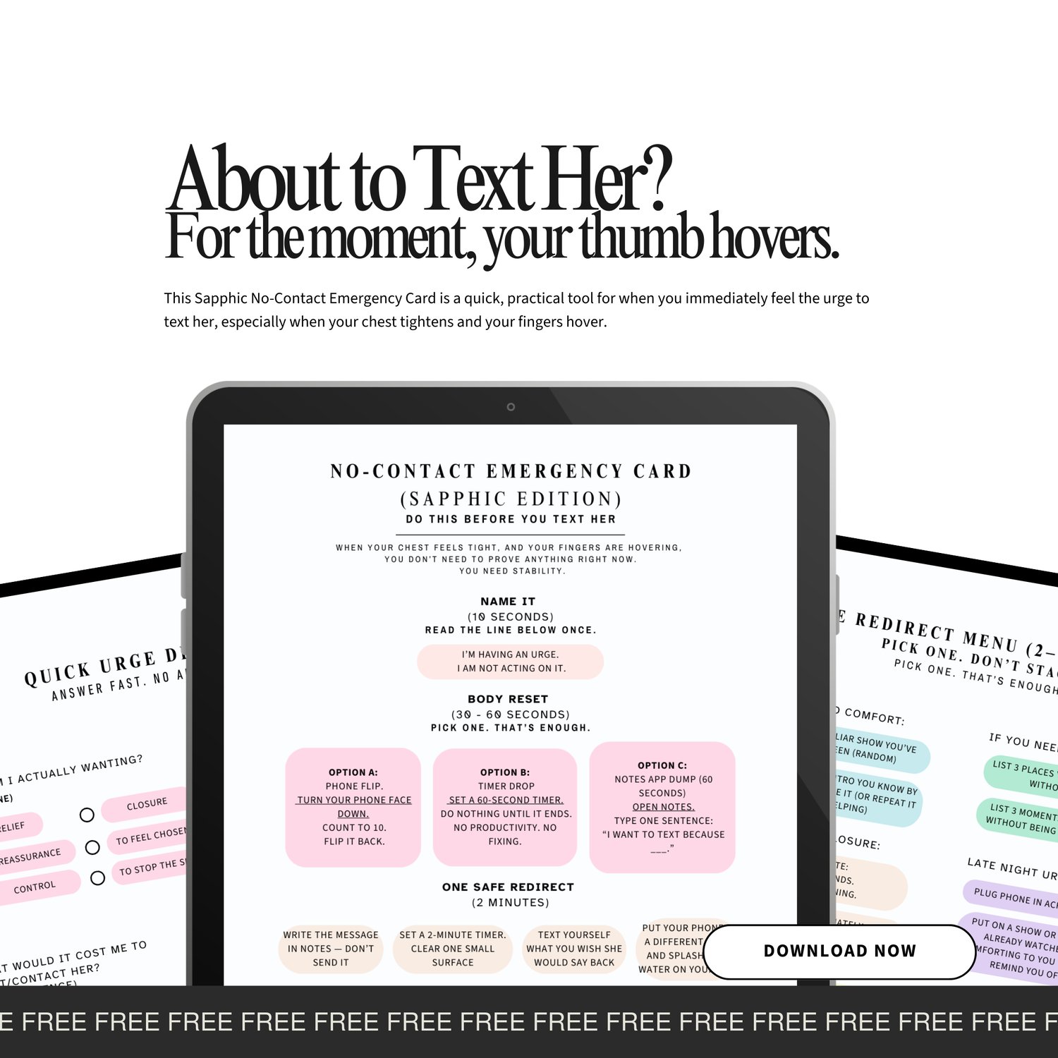 Tablet displaying sapphic no-contact emergency card designed to help women pause before texting her during emotional urges.