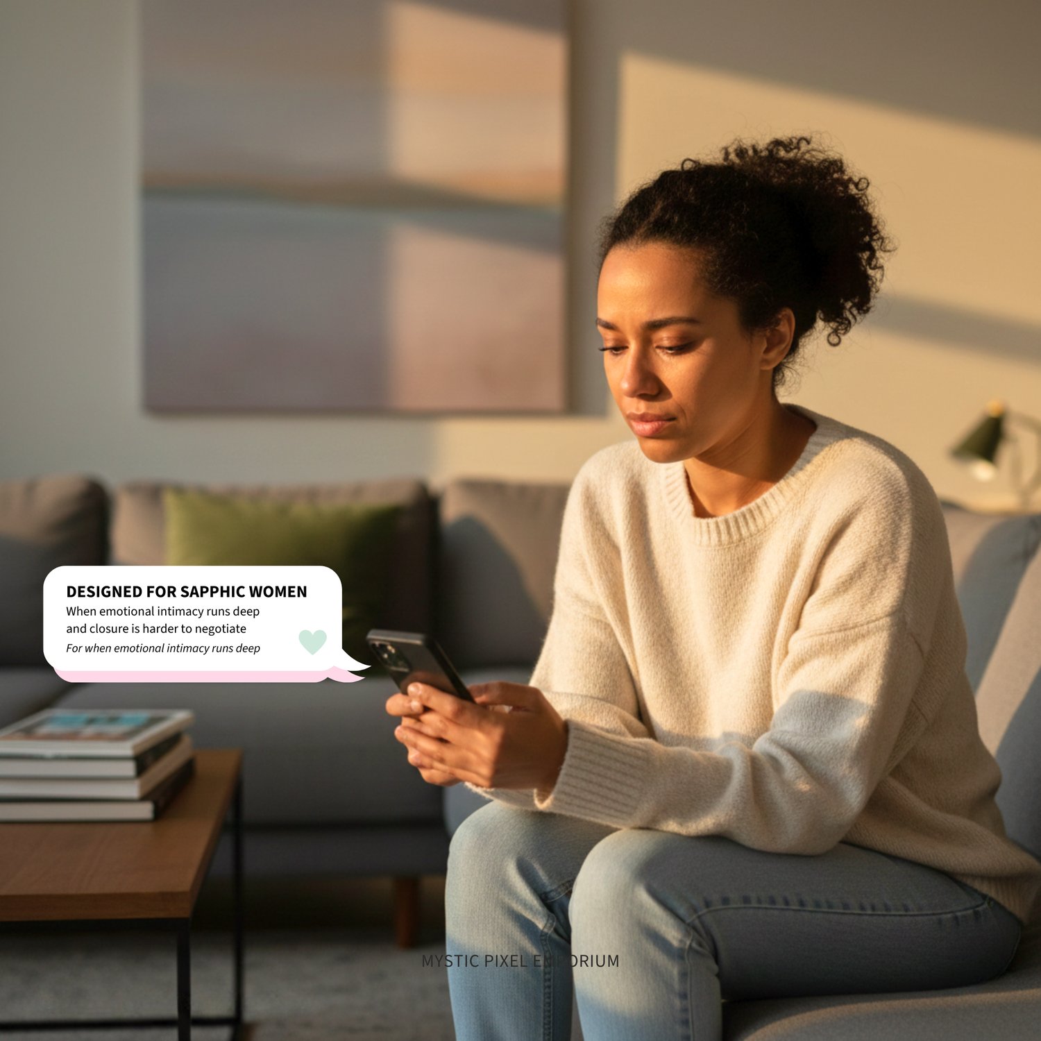Sapphic woman sitting on a couch looking at her phone during a breakup, feeling conflicted about texting her ex in a no-contact moment.