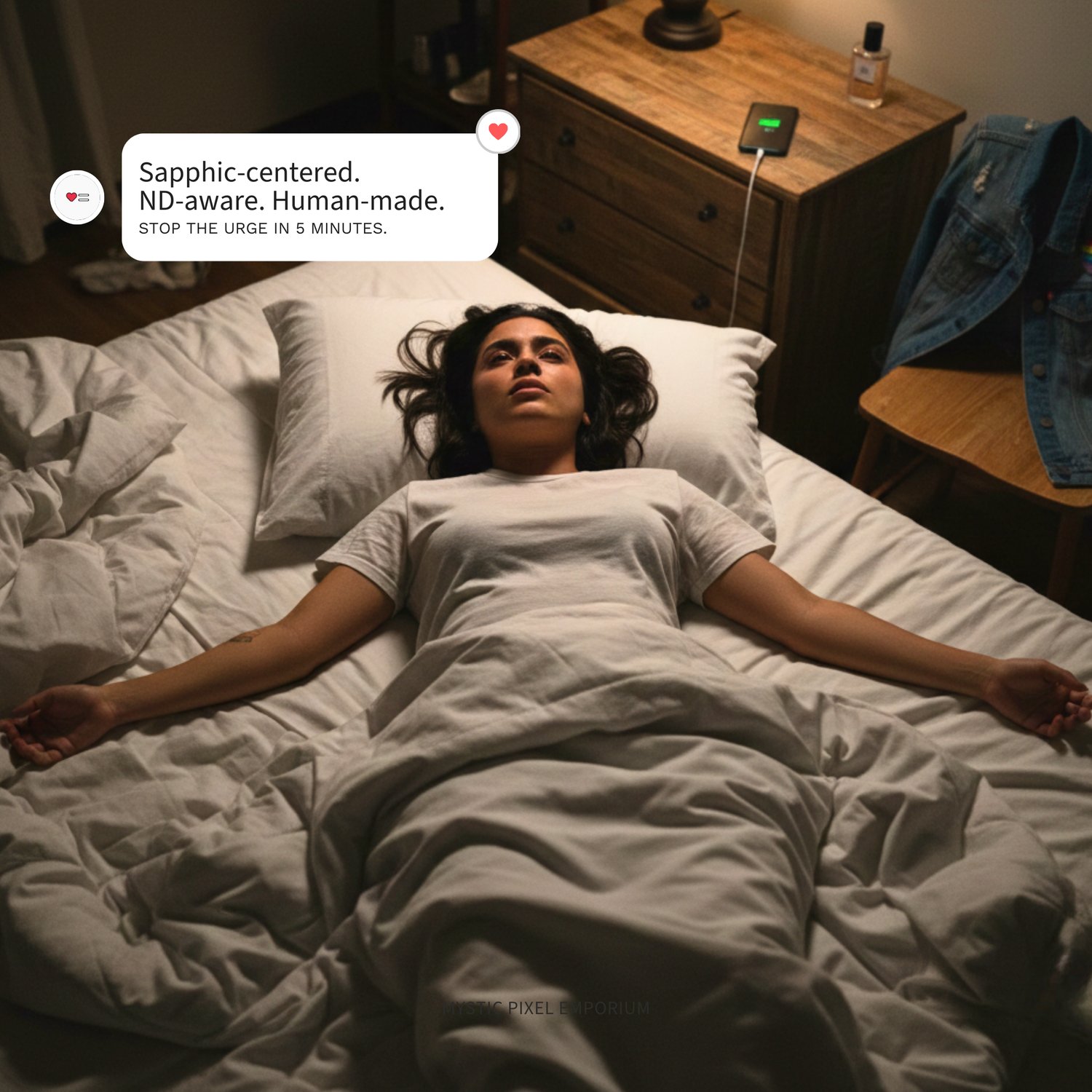 Sapphic woman lying awake at night after a breakup, experiencing an intense urge to text her during no-contact.