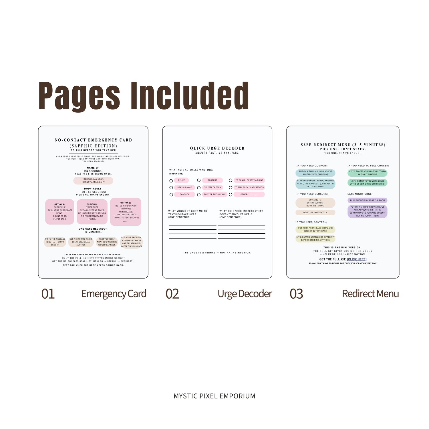 Preview of sapphic no-contact emergency card pages including emergency card, urge decoder, and safe redirect menu.