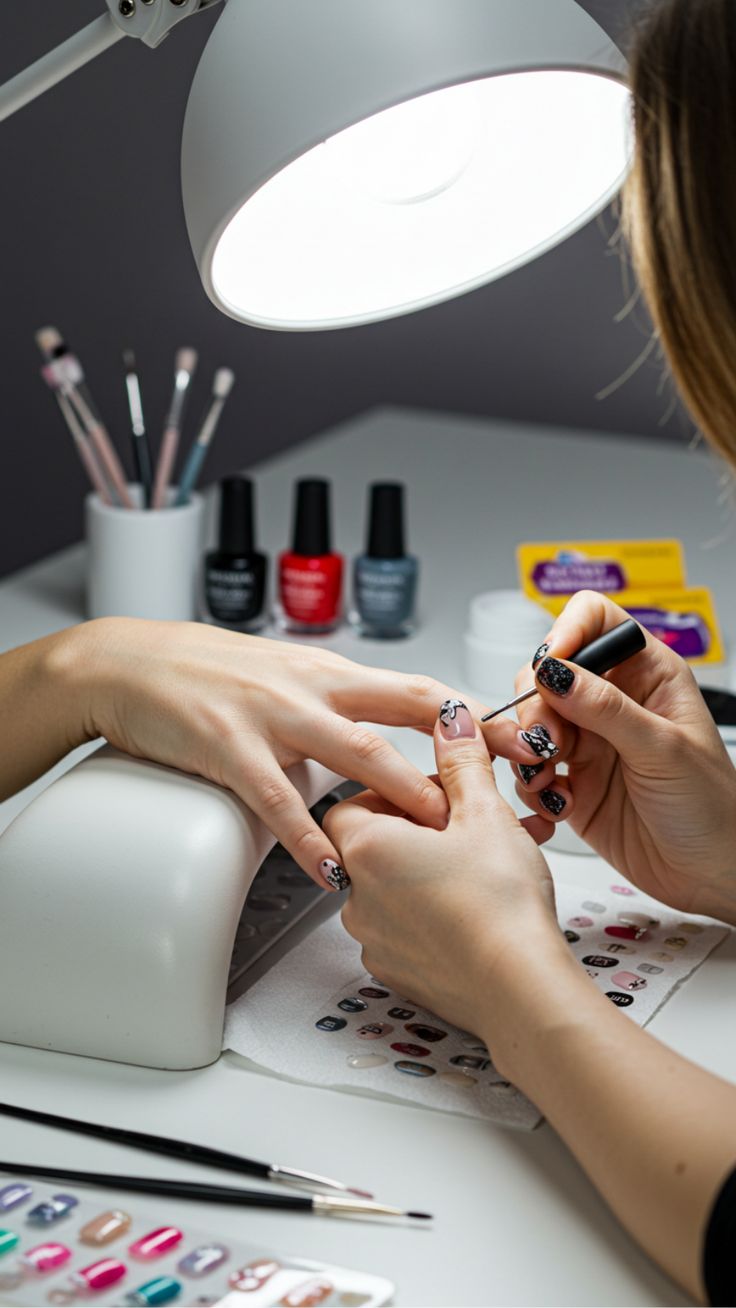 Nail technician applying intricate nail art on a client’s nails in a clean, modern studio, demonstrating focus, precision, and consistent skill development.