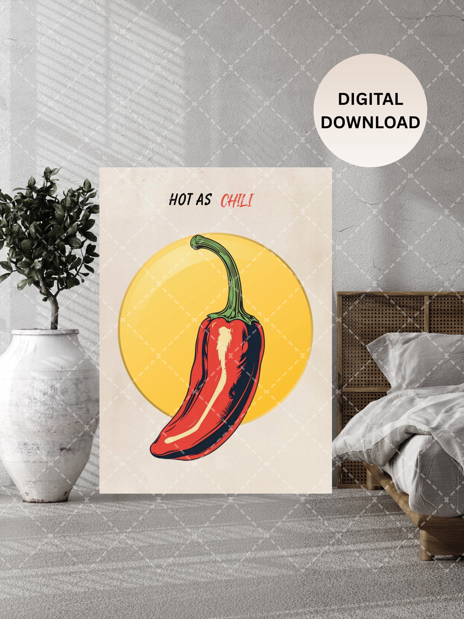 hot as chili wall art,  chili pepper kitchen decor,  retro food poster art,  funny kitchen quote print,  spicy food wall decor,  restaurant cafe wall art,  modern retro kitchen poster,  foodie gift wall art,  pop art chili illustration,  cooking lover hom