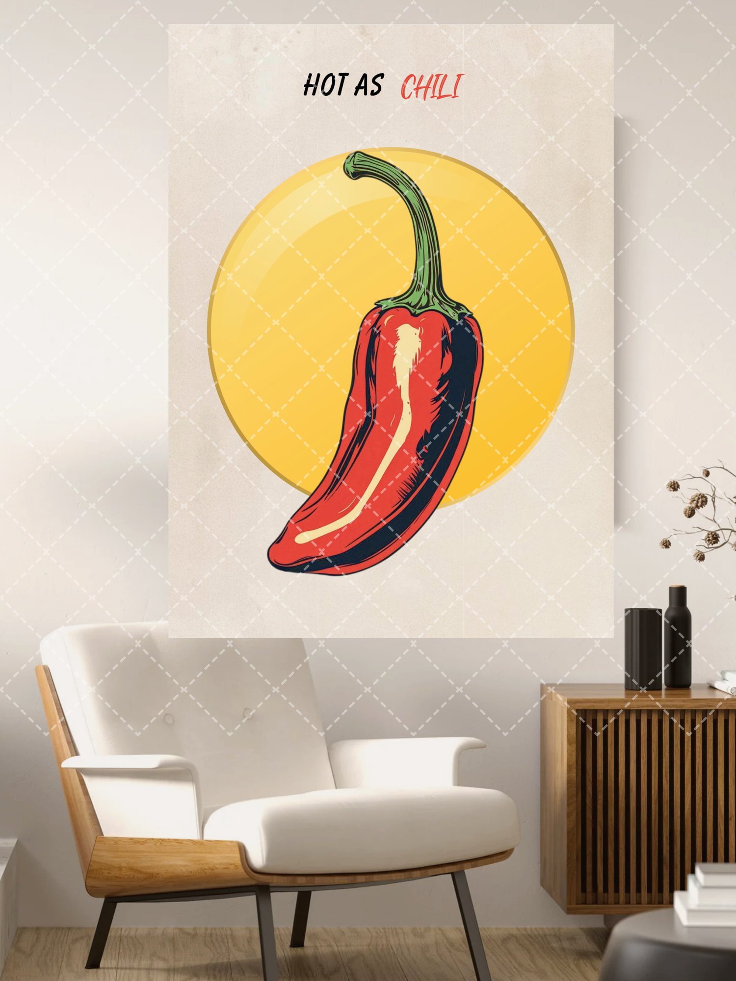 hot as chili wall art,  chili pepper kitchen decor,  retro food poster art,  funny kitchen quote print,  spicy food wall decor,  restaurant cafe wall art,  modern retro kitchen poster,  foodie gift wall art,  pop art chili illustration,  cooking lover hom