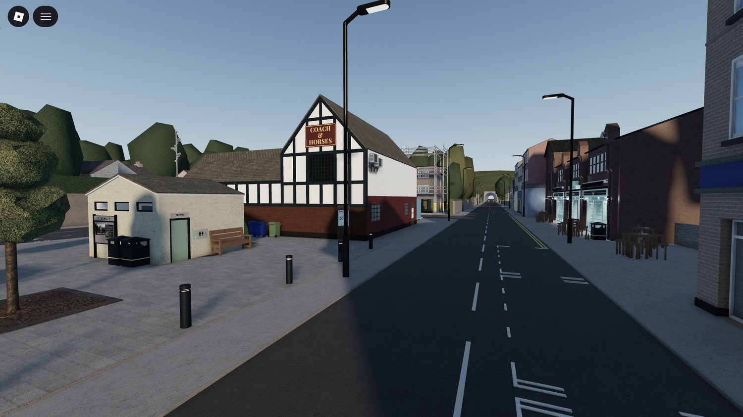 City streets and buildings in a detailed Roblox map