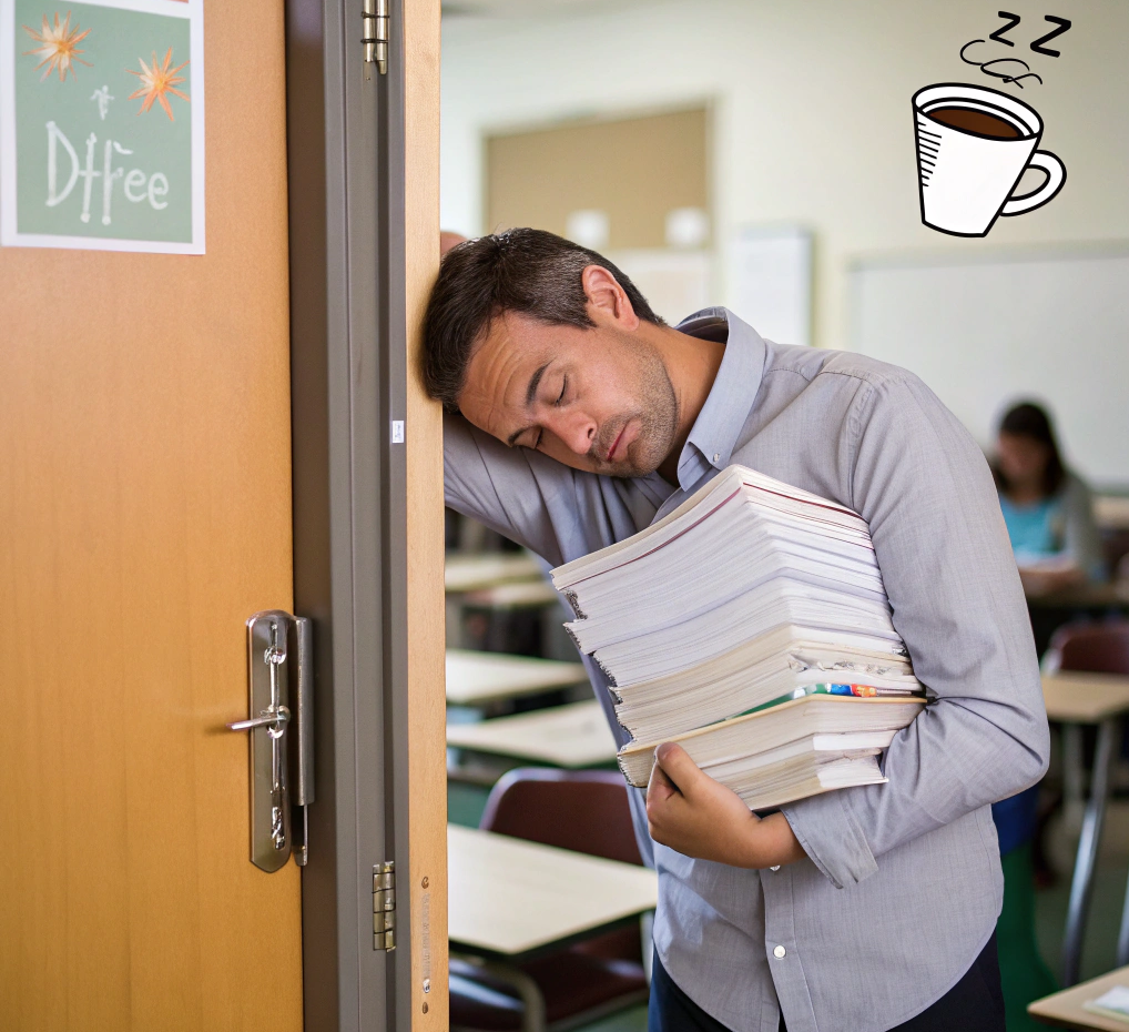 sleeping teacher who needs coffee