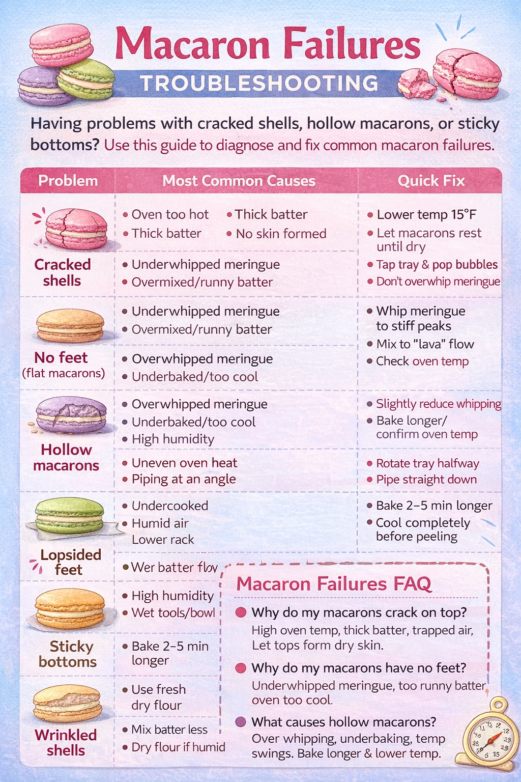 Macaron Failures Troubleshooting” with pastel illustrations of macarons. It shows a table of common problems—cracked shells, no feet (flat macarons), hollow macarons, lopsided feet, sticky bottoms, and wrinkled shells—along with their most common causes (