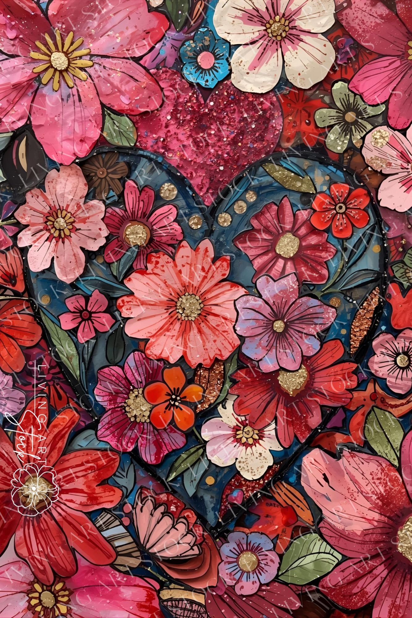 A vibrant, high-contrast mixed-media artwork featuring a large central heart shape framed by a dense arrangement of stylized flowers. The piece utilizes a rich color palette of deep reds, magentas, blush pinks, and pops of teal. Each flower is intricately