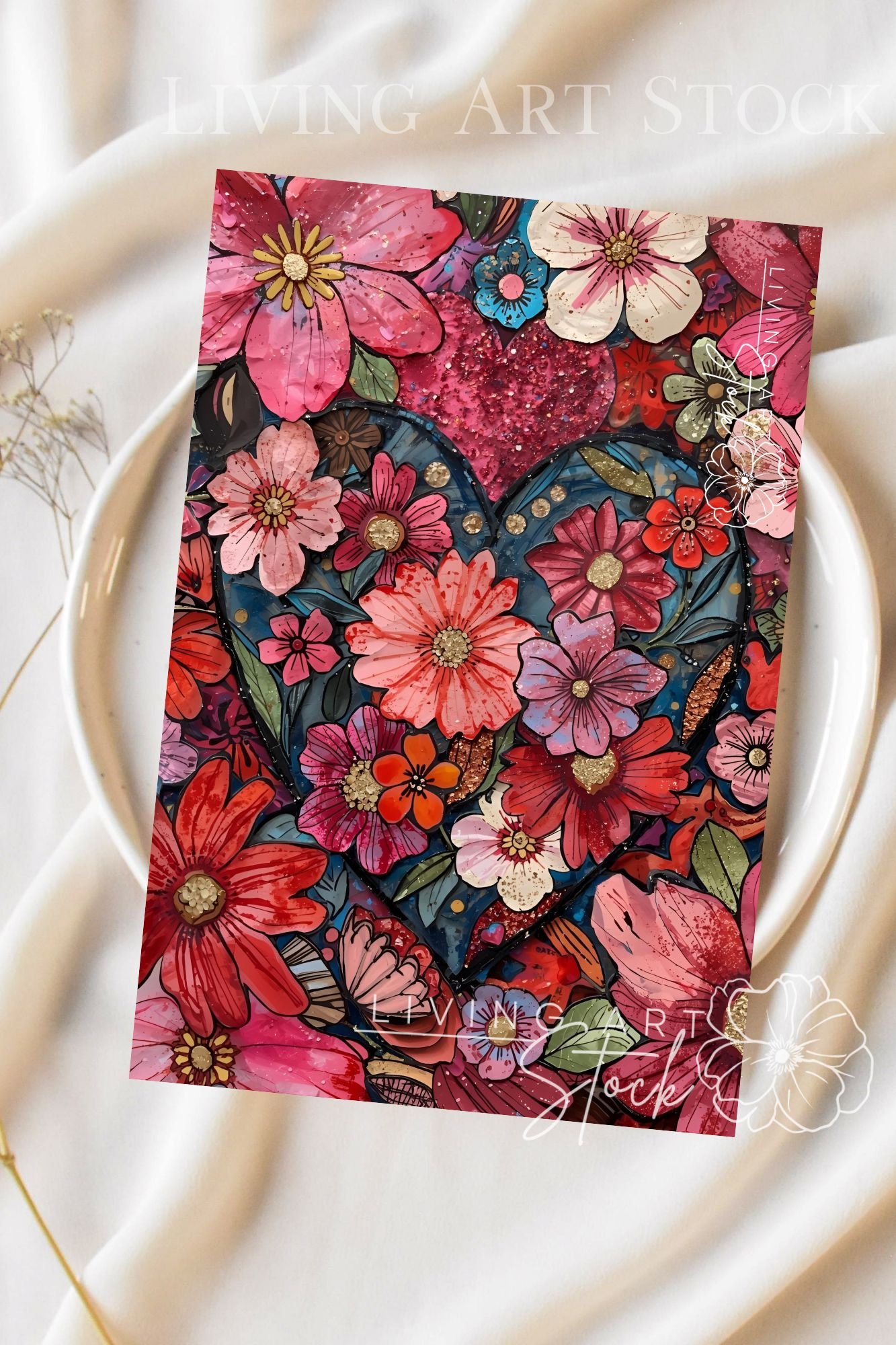 A vibrant, high-contrast mixed-media artwork featuring a large central heart shape framed by a dense arrangement of stylized flowers. The piece utilizes a rich color palette of deep reds, magentas, blush pinks, and pops of teal. Each flower is intricately