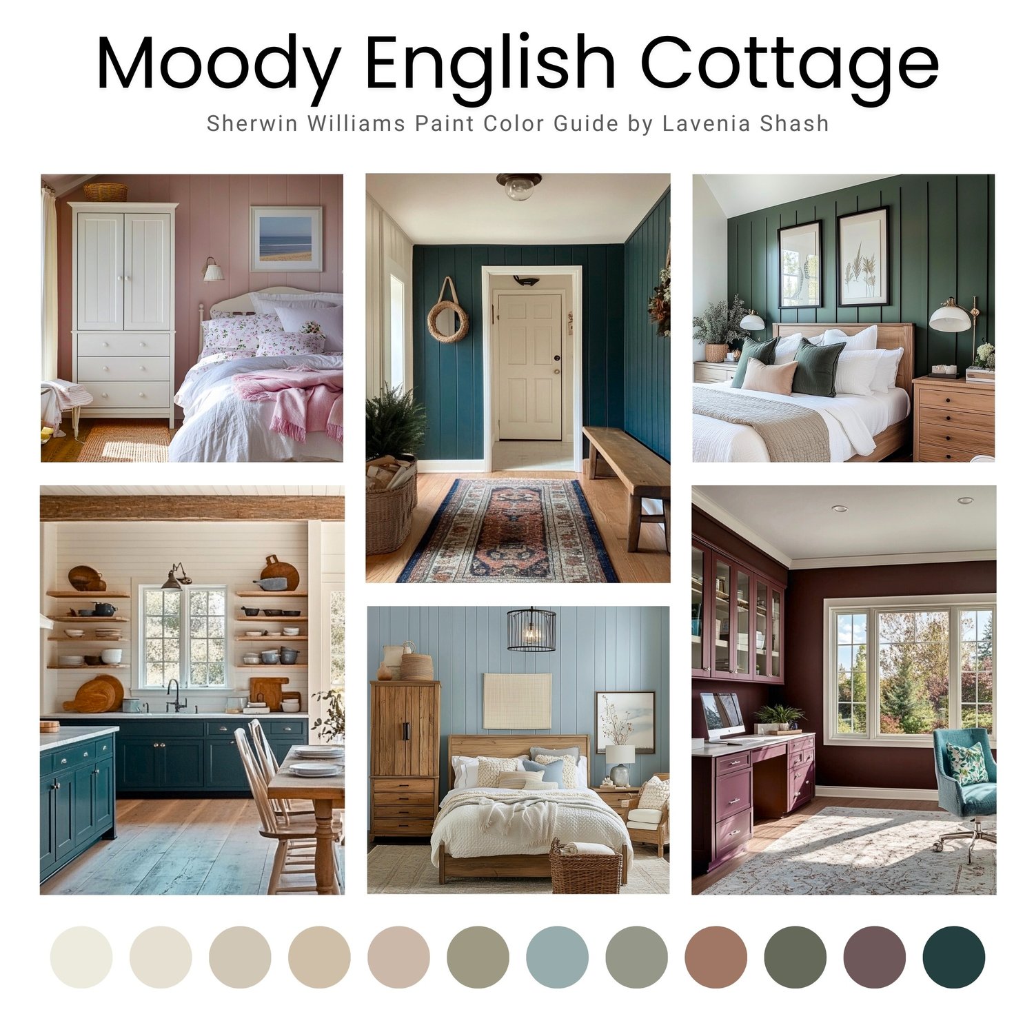 Moody English Cottage and Cottagecore interior design color scheme with Sherwin Williams paint colors. Color Palette created by Lavenia Shash