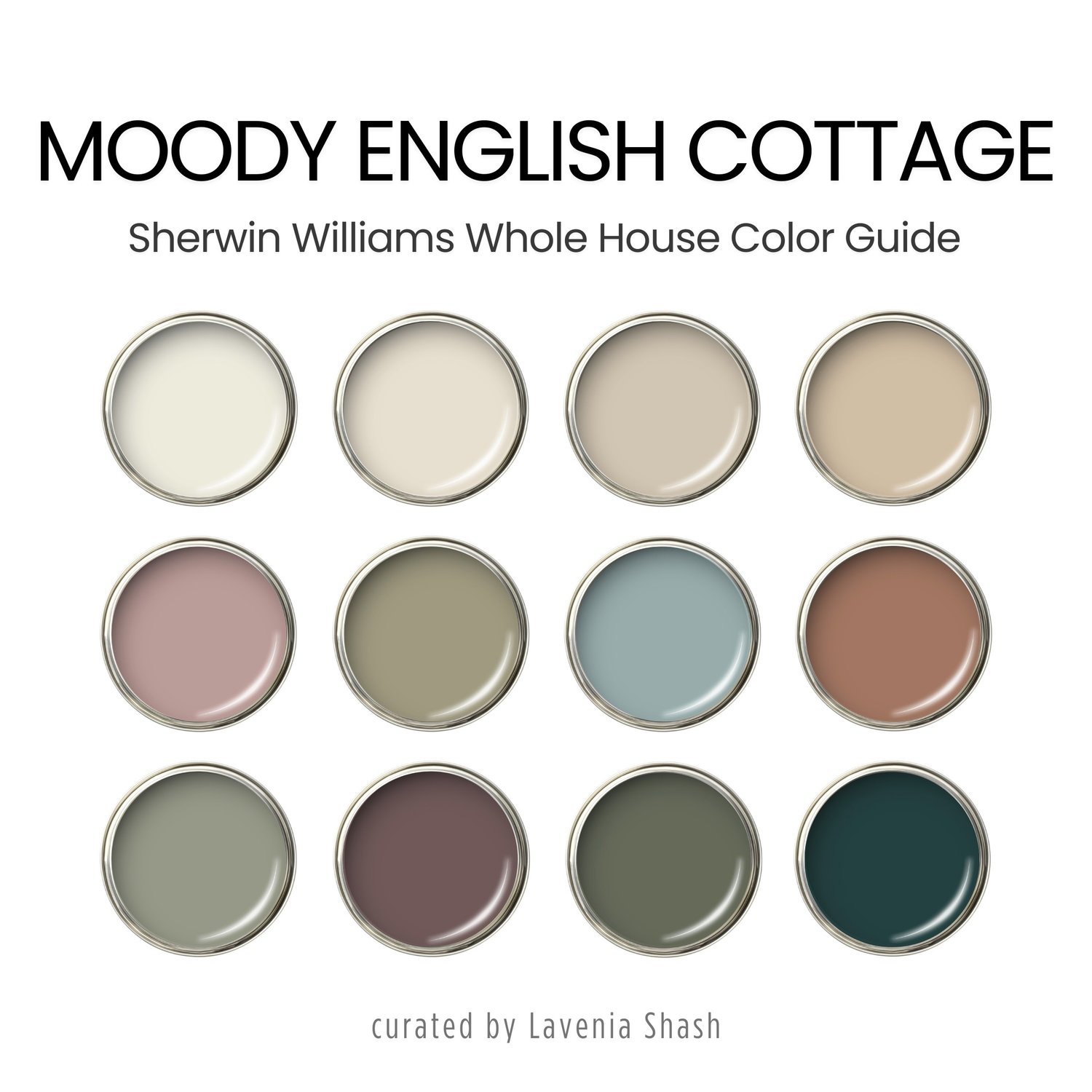 Moody English Cottage and Cottagecore interior design color scheme with Sherwin Williams paint colors. Color Palette created by Lavenia Shash.