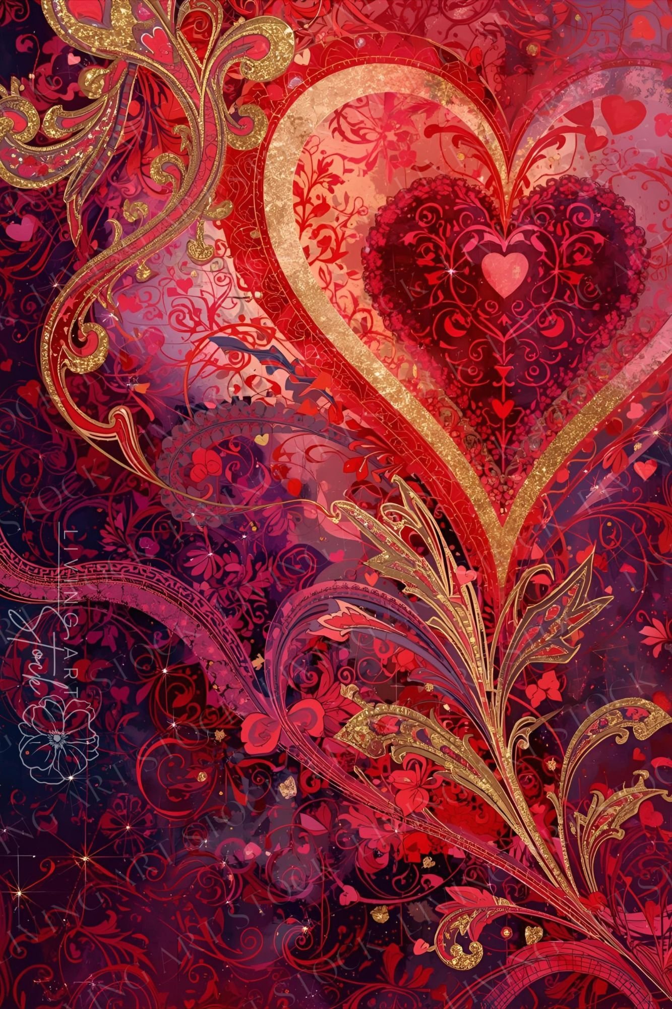 A sophisticated ornate heart illustration featuring a rich, romantic color palette of deep burgundy, crimson, and gold. The composition centers on a large, glowing heart framed by a shimmering gold glitter border, with a secondary, smaller heart inside fi