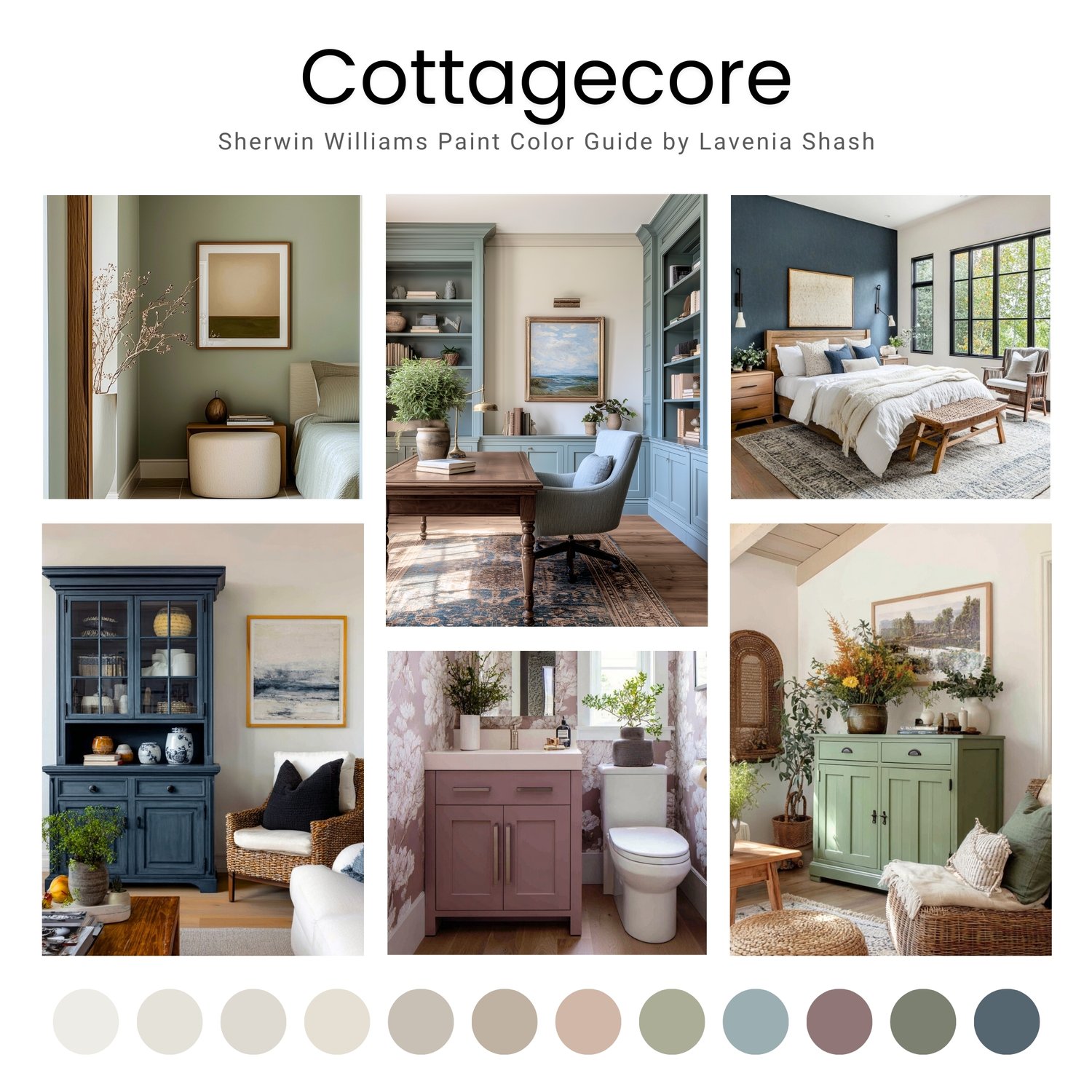 Cottagecore interior design color scheme with Sherwin Williams paint colors. Color Palette created by Lavenia Shash.