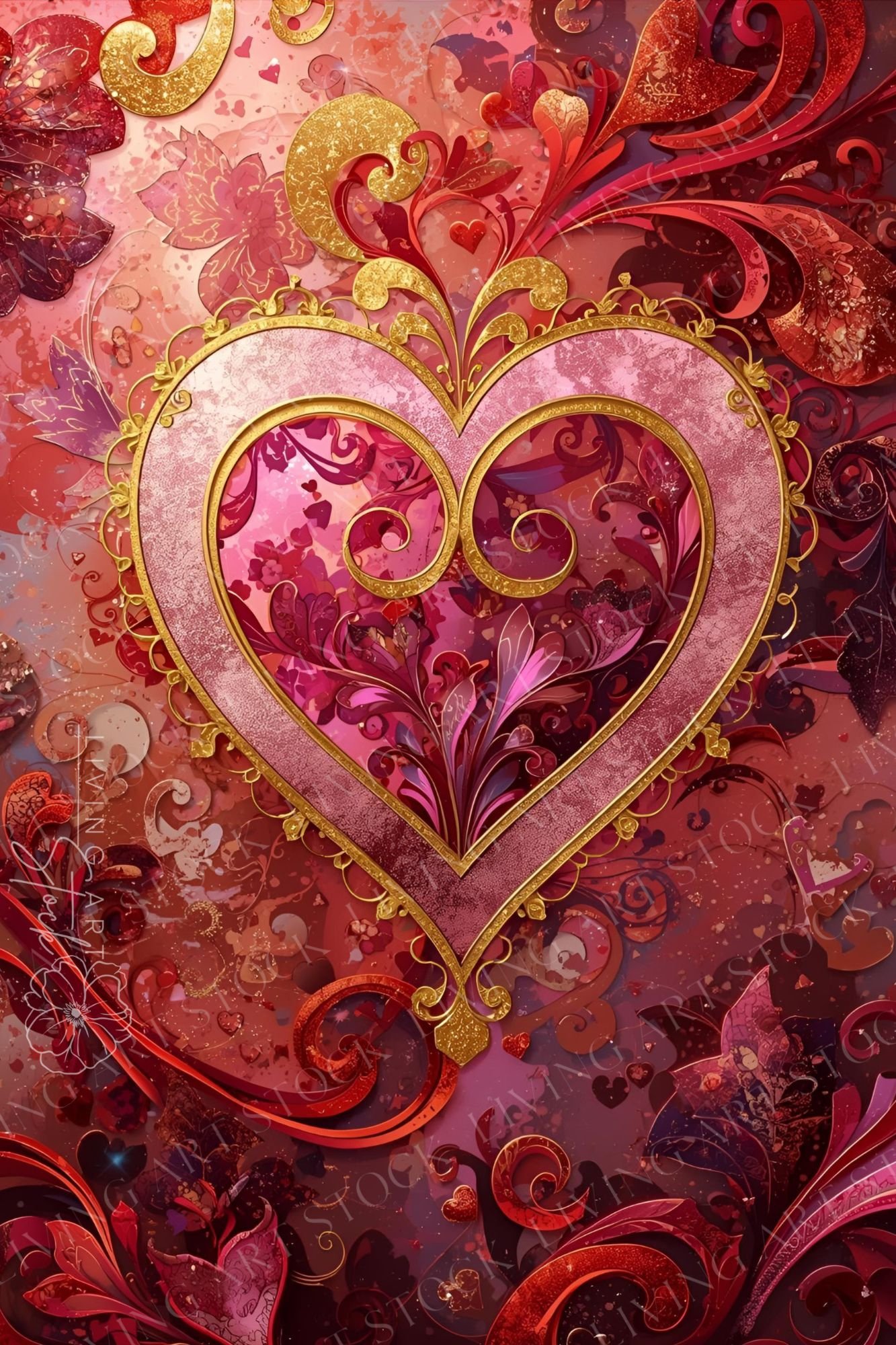A whimsical and elegant digital illustration of a central heart, framed by an ornate gold-scrolled border. The heart is filled with soft, translucent layers of pink and magenta, featuring delicate floral and scrollwork patterns that seem to glow from with
