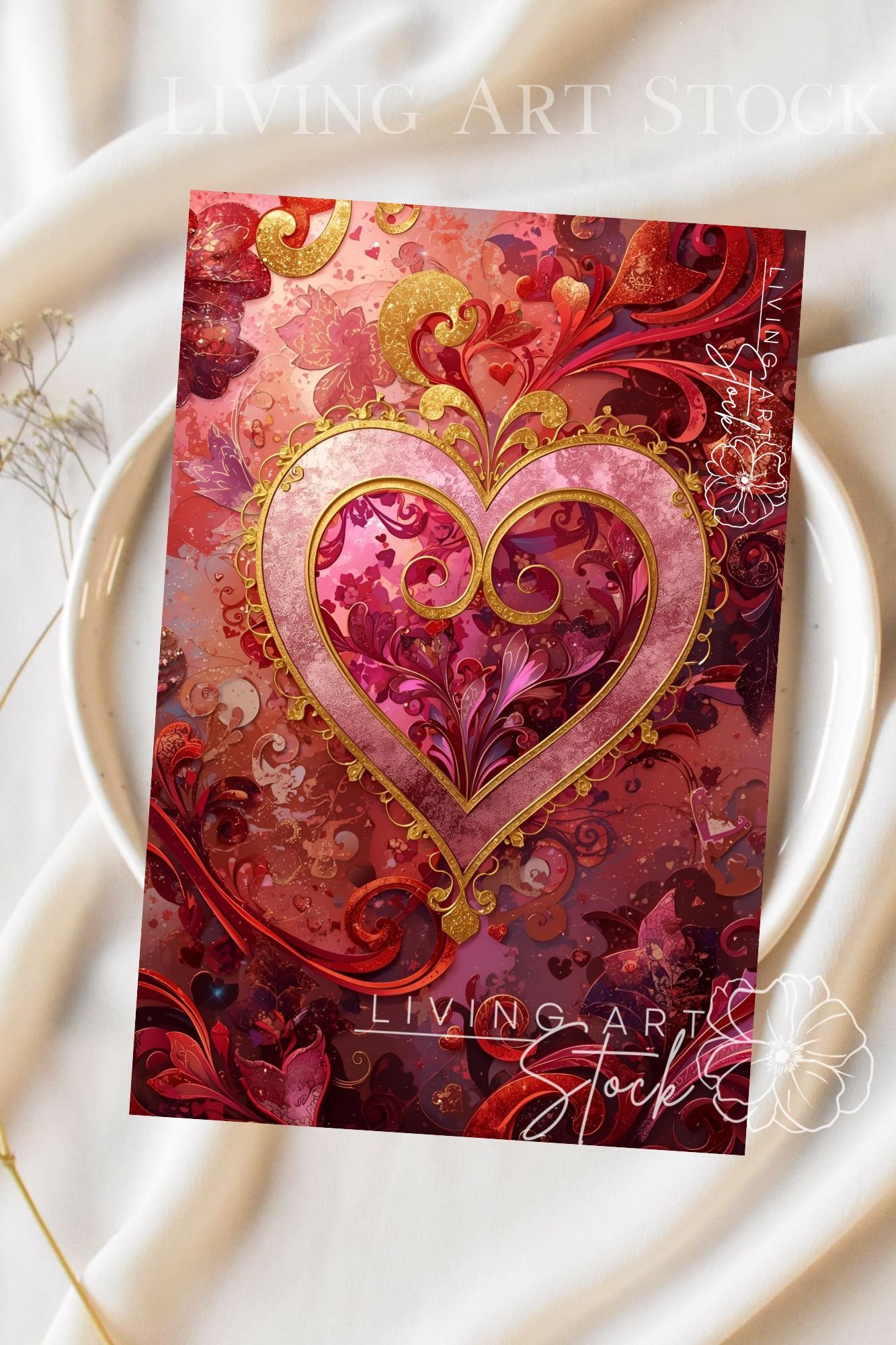 A whimsical and elegant digital illustration of a central heart, framed by an ornate gold-scrolled border. The heart is filled with soft, translucent layers of pink and magenta, featuring delicate floral and scrollwork patterns that seem to glow from with