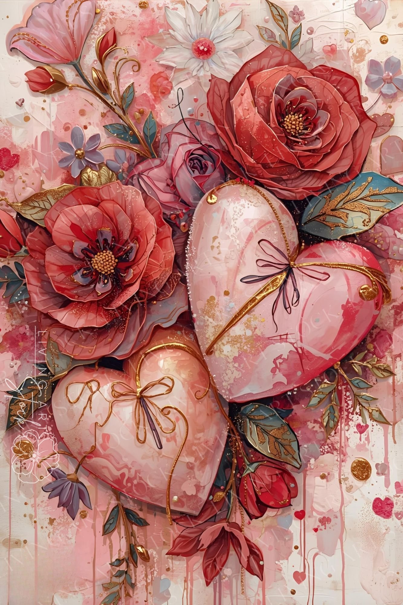 A high-quality mixed-media illustration featuring two large, glossy pink hearts as the centerpiece, adorned with delicate gold wire bows. The hearts are nestled within a lush, painterly floral arrangement of deep red roses, soft pink peonies, and stylized
