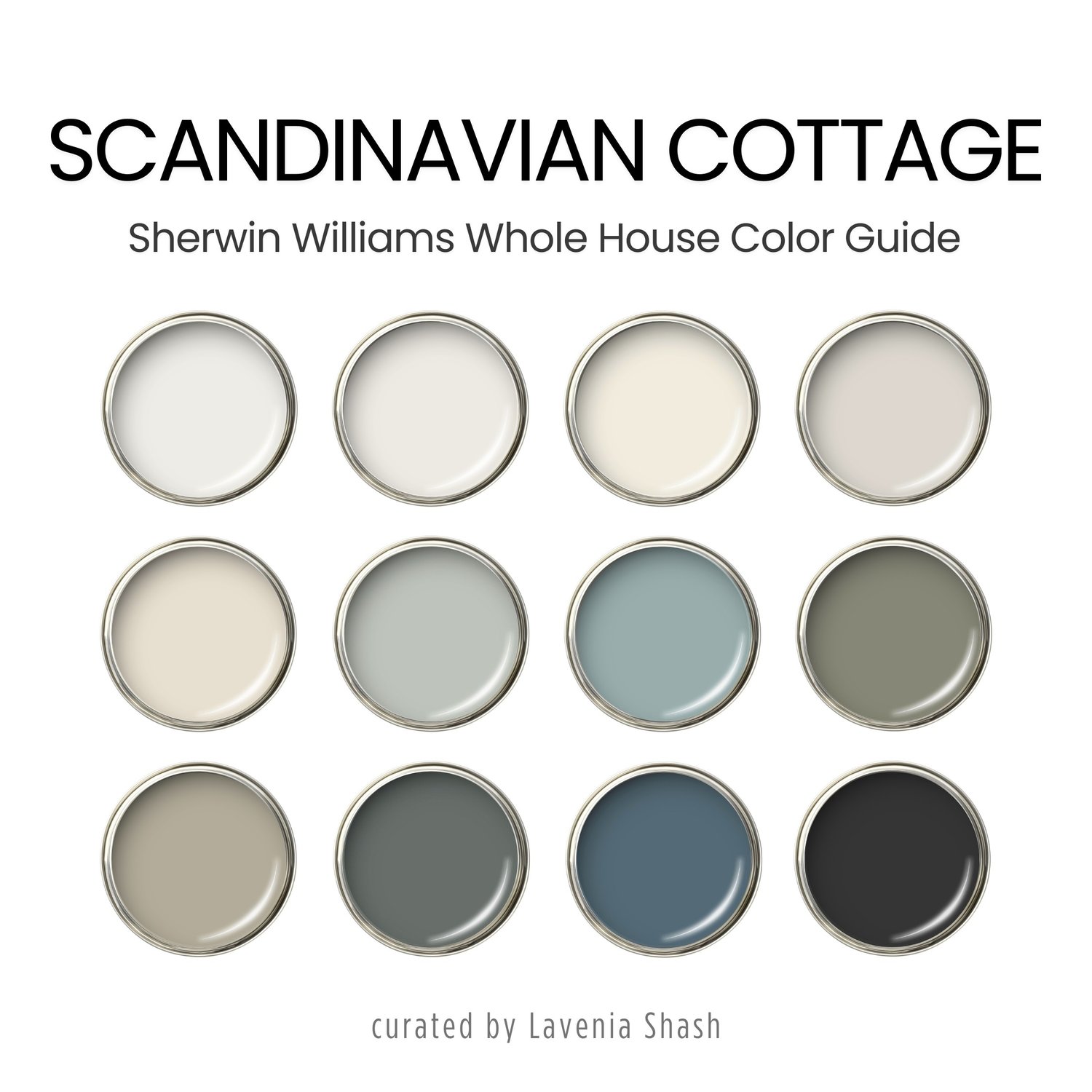 Scandinavian Cottage paint color palette. Nordic, Cottage, Country, and Farmhouse-inspired interiors. Curated by Lavenia Shash.