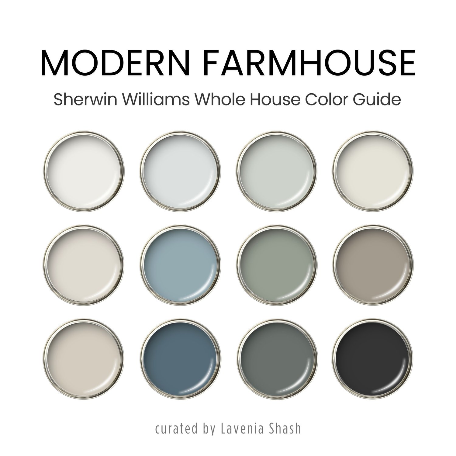 Modern Farmhouse paint color palette. Nordic, Cottage, Country, and Farmhouse-inspired interiors. Curated by Lavenia Shash.
