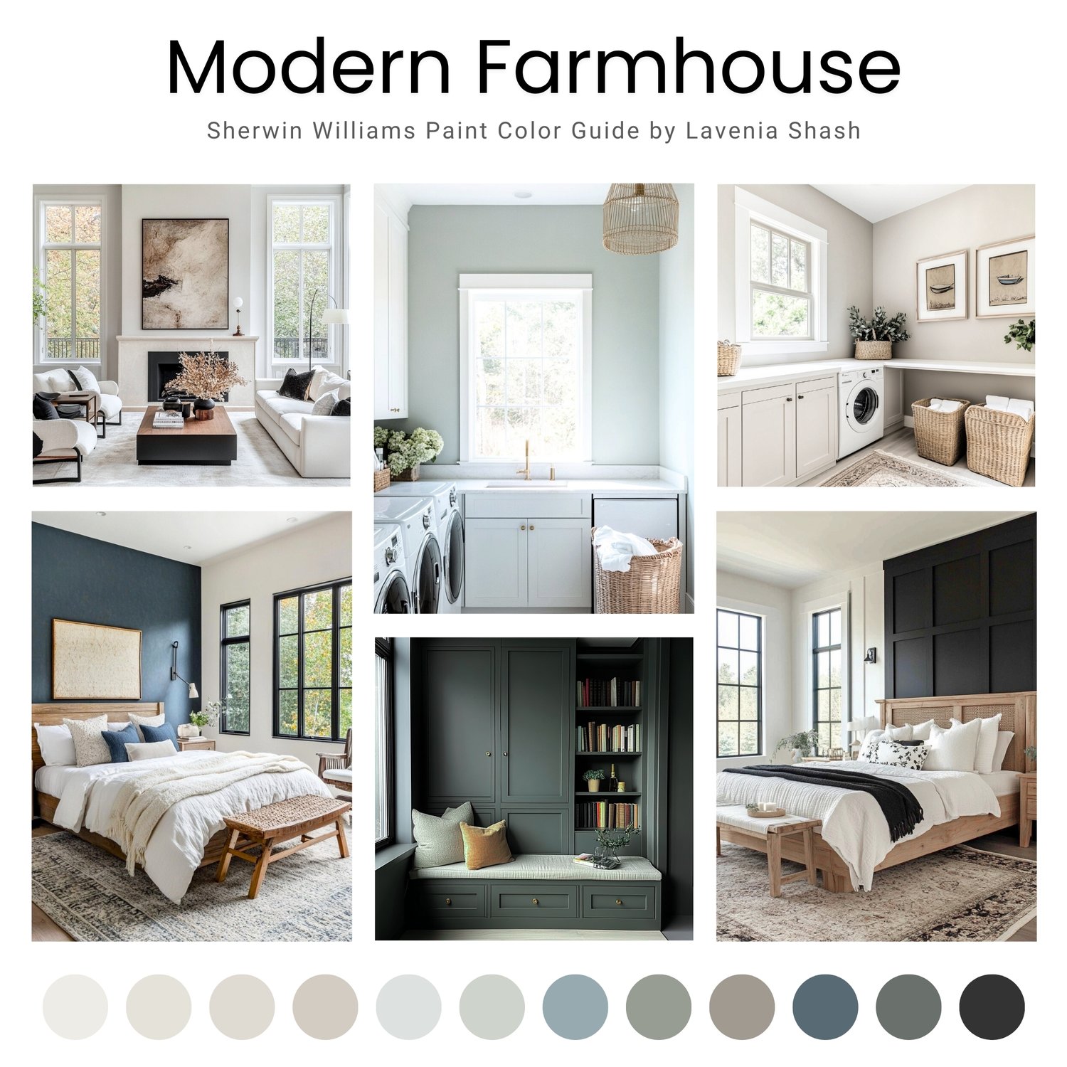 Modern Farmhouse paint color palette. Nordic, Cottage, Country, and Farmhouse-inspired interiors. Curated by Lavenia Shash.