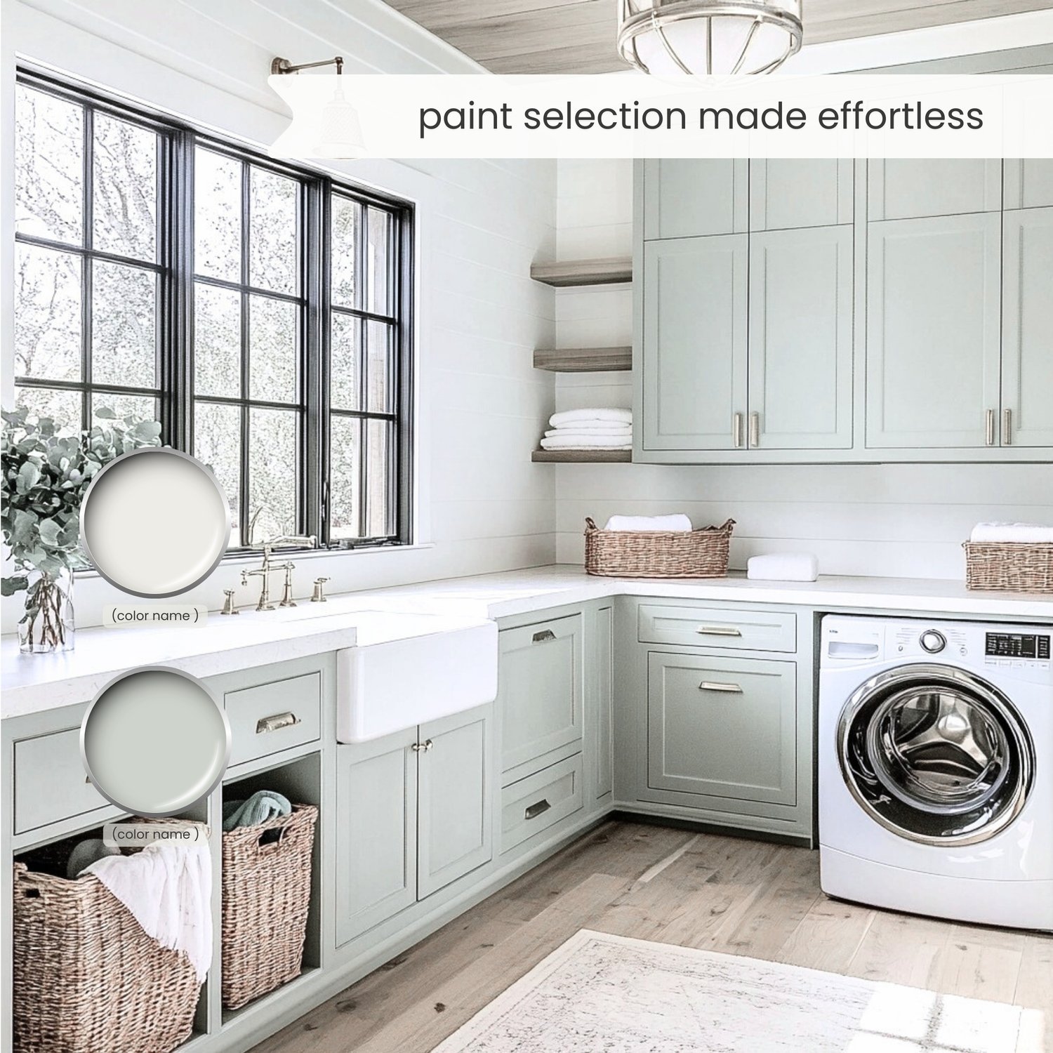 Modern Farmhouse paint color palette. Nordic, Cottage, Country, and Farmhouse-inspired interiors. Curated by Lavenia Shash.