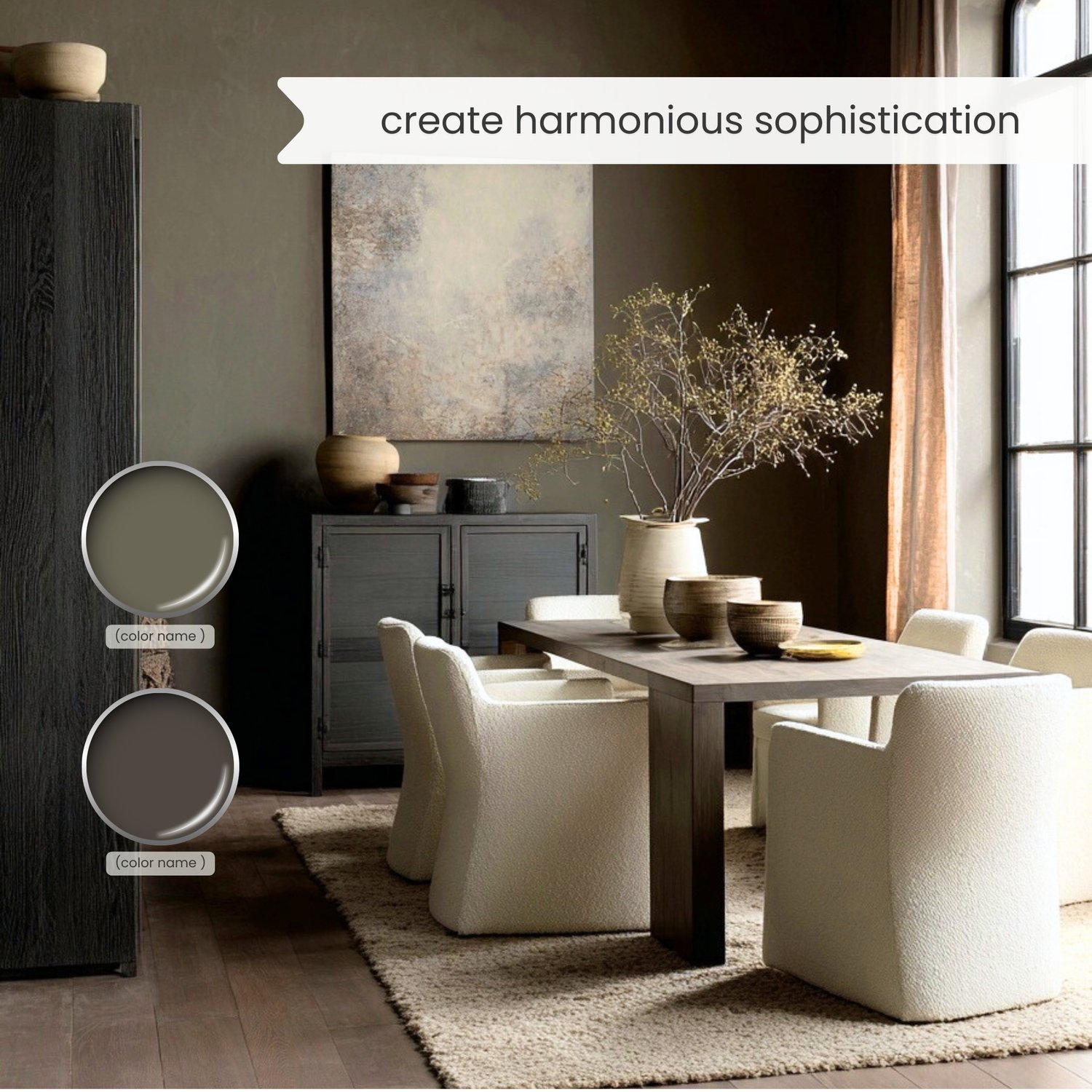 An Organic Earth color palette with Sherwin Williams paints. The Boho color scheme includes white, neutrals and earth tones with greens, browns and terracotta. Moody earth tones and earthy neutrals. Curated and designed by Lavenia Shash.