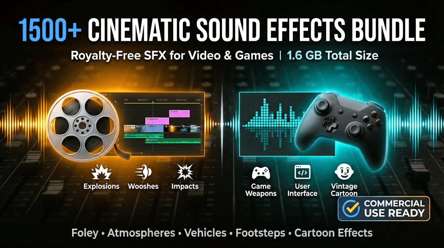1500+ Cinematic Sound Effects Bundle | Royalty-Free SFX for Video & Games | The Ultimate SFX Library: 1500+ Cinematic, Cartoon & Game Sounds | 1.6GB Mega Sound Effects Pack (1500+ Assets)