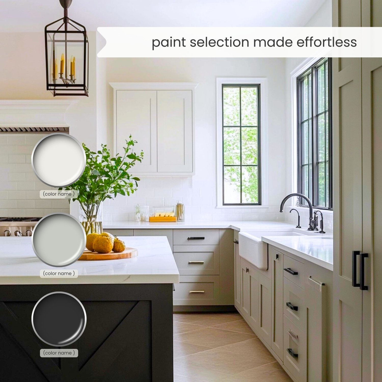 A Modern Neutrals color palette with Sherwin Williams paints. The timeless color scheme includes white, gray, beige, green, blue, brown and black. Moody muted tones and earthy neutrals. Curated and designed by Lavenia Shash.