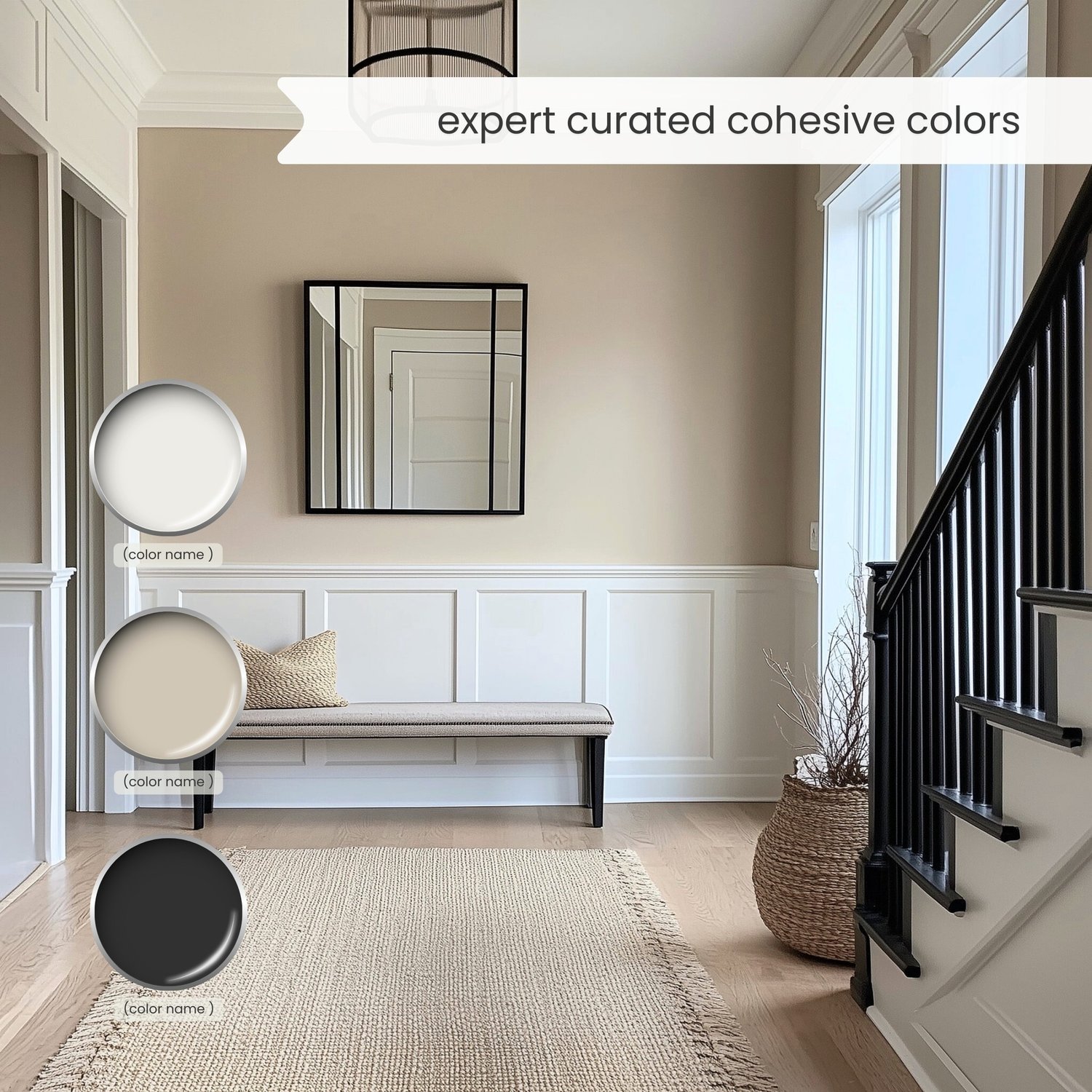 A Modern Neutrals color palette with Sherwin Williams paints. The timeless color scheme includes white, gray, beige, green, blue, brown and black. Moody muted tones and earthy neutrals. Curated and designed by Lavenia Shash.