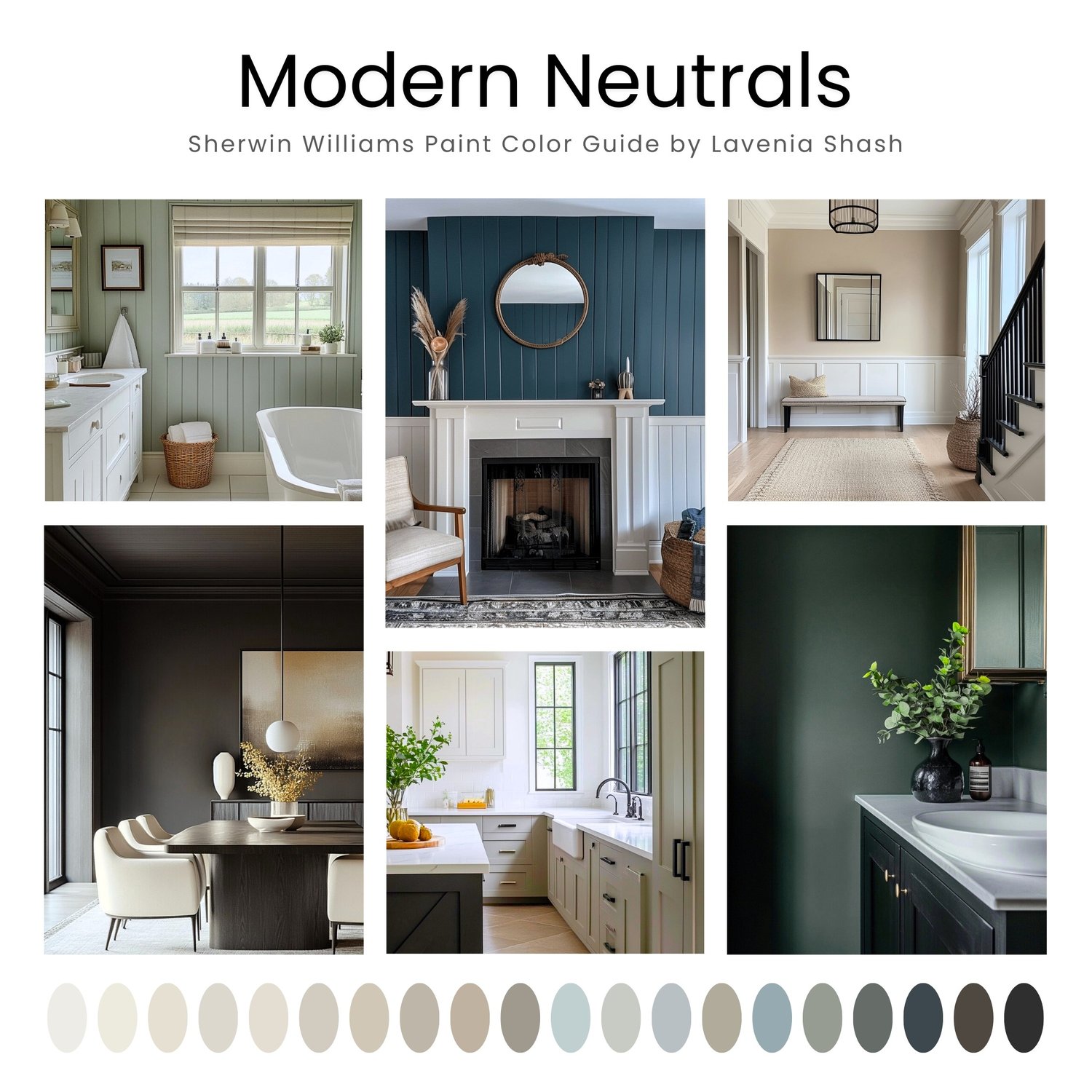 A Modern Neutrals color palette with Sherwin Williams paints. The timeless color scheme includes white, gray, beige, green, blue, brown and black. Moody muted tones and earthy neutrals. Curated and designed by Lavenia Shash.