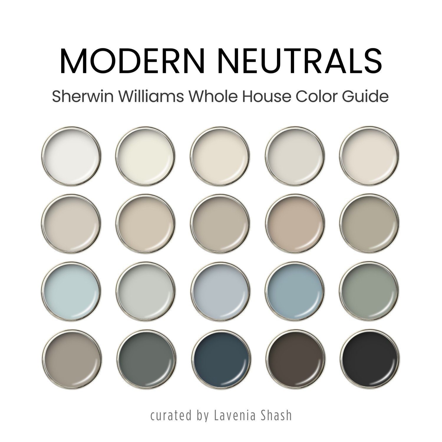 A Modern Neutrals color palette with Sherwin Williams paints. The timeless color scheme includes white, gray, beige, green, blue, brown and black. Moody muted tones and earthy neutrals. Curated and designed by Lavenia Shash.
