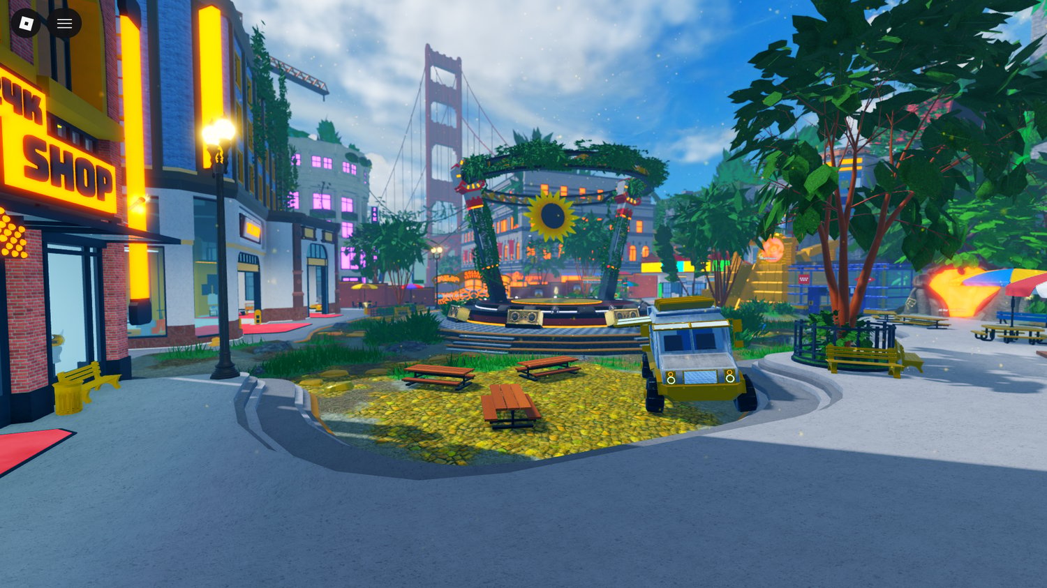 Decorated event space with sunflowers in Roblox
