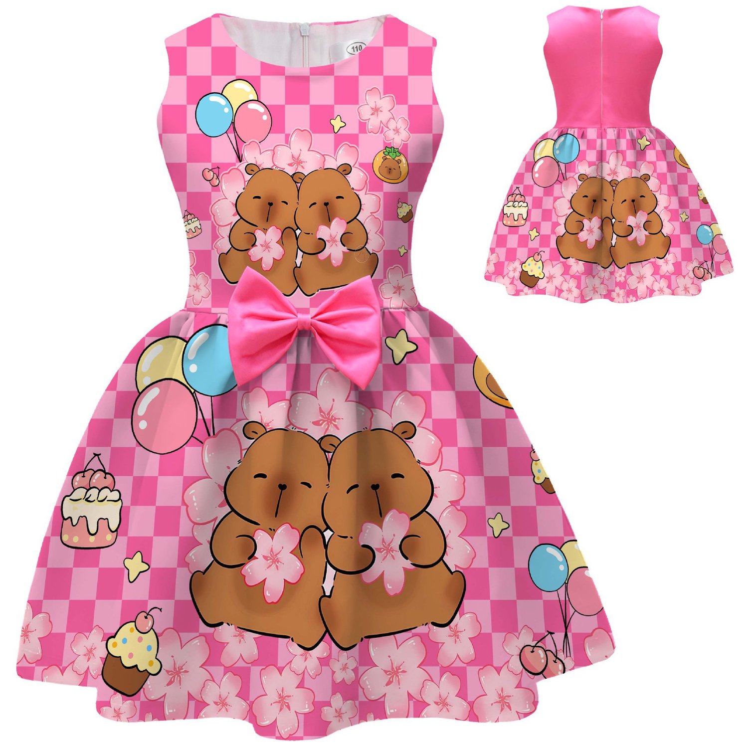 Cute capybara print princess dress for girls with bow detail